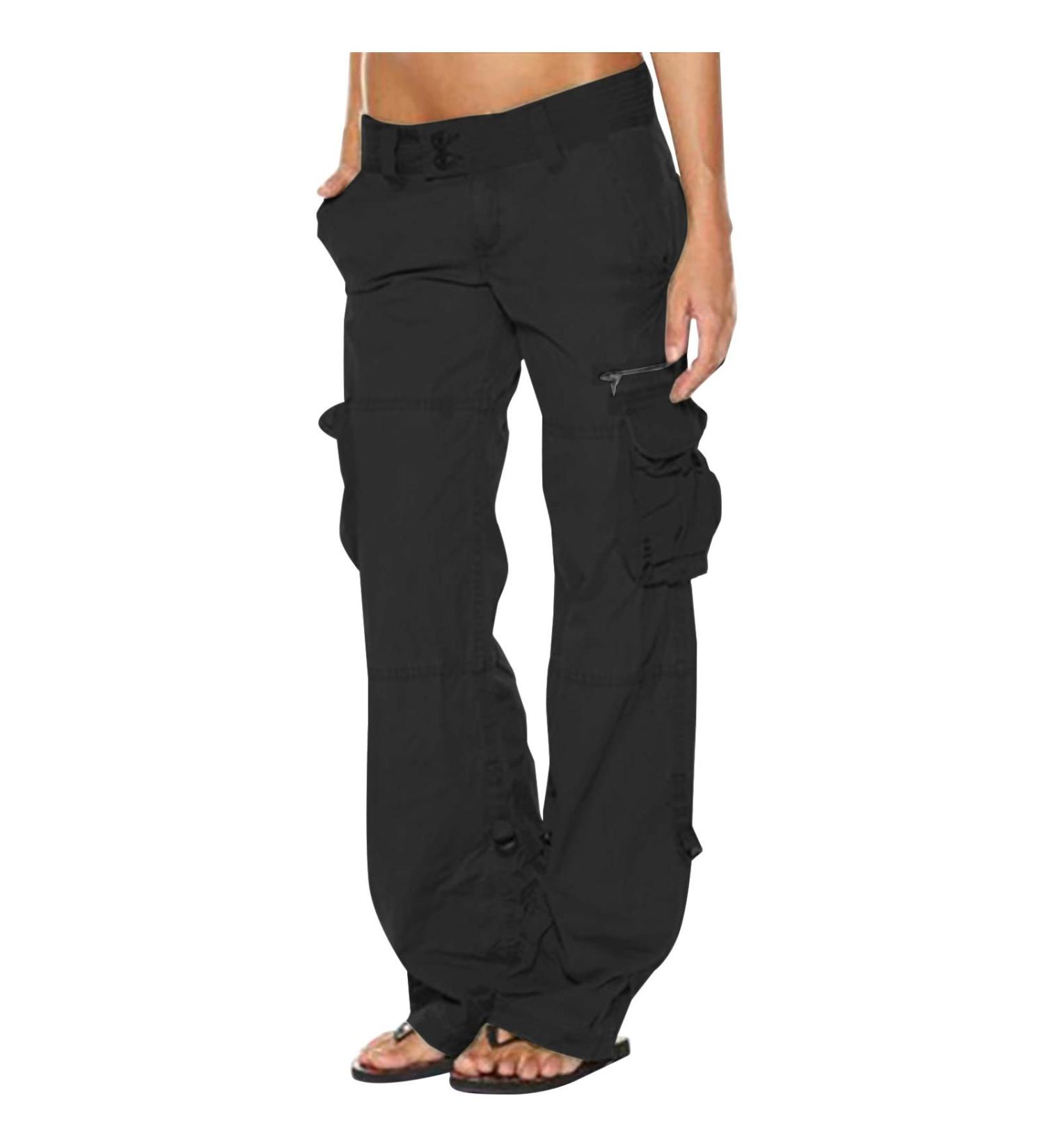Feancey Women's Black Cargo Pants - Low Waist Wide Leg Trousers for Casual Streetwear - Buy Online on GoSupps.com