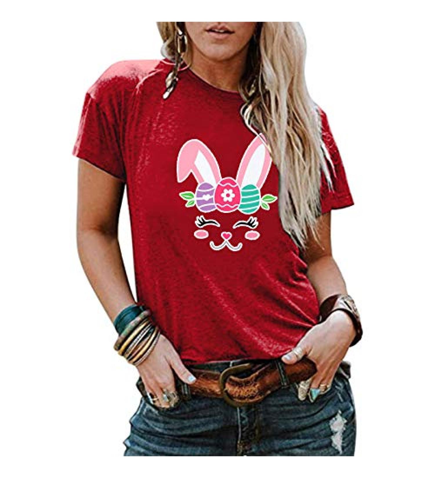 Hemlock Women Easter Bunny PRNT Tops Cute Short Sleeve Tees Graphic Shirt Summer Top Funny Easter Shirts X-Large Red