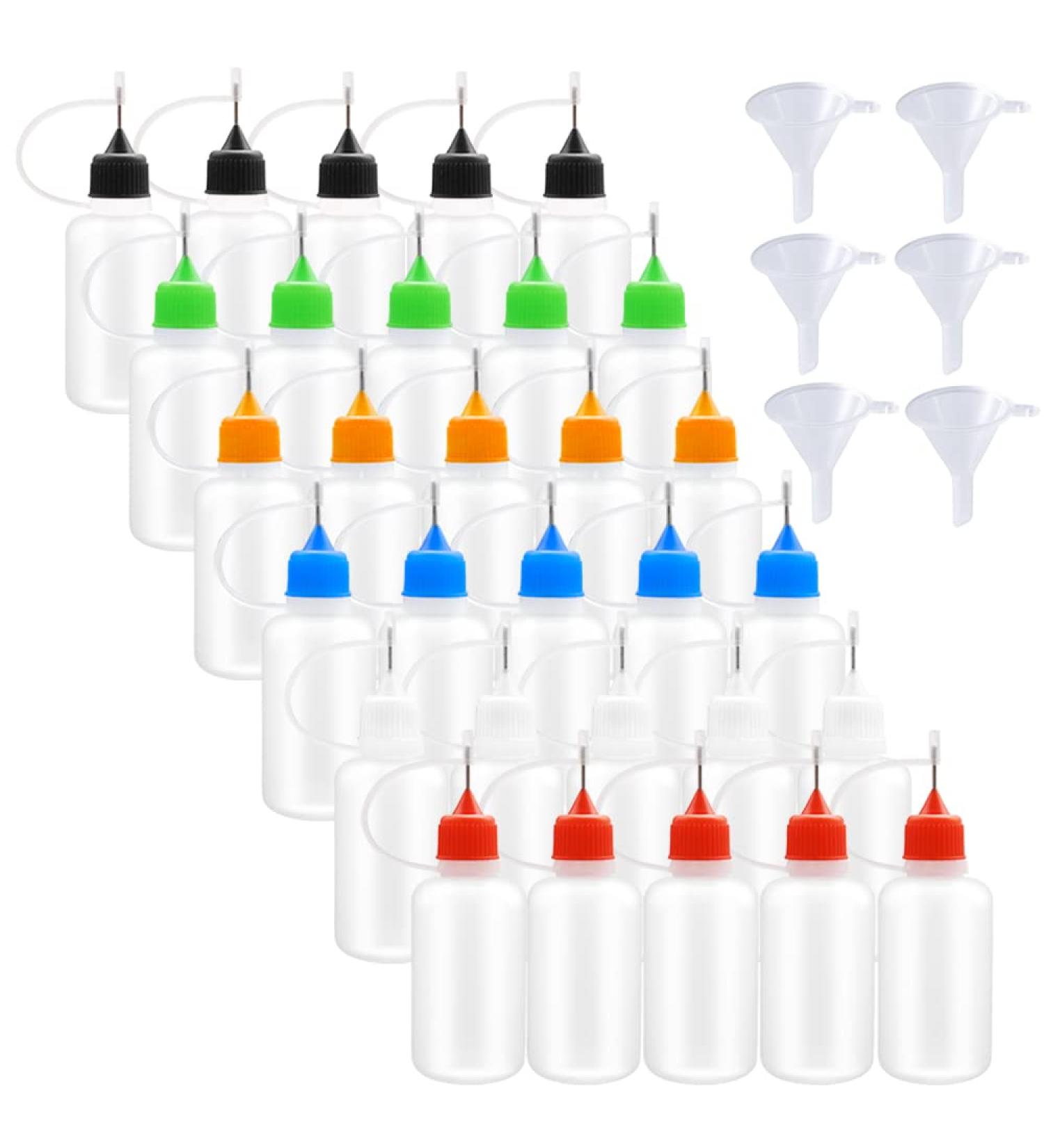 30pcs 30ml Precision Tip Applicator Bottle Set | Translucent Glue Bottles with Multicolor Lid | 6 Mini Funnels & Squeeze Bottles for DIY Crafting - Buy Online on GoSupps.com