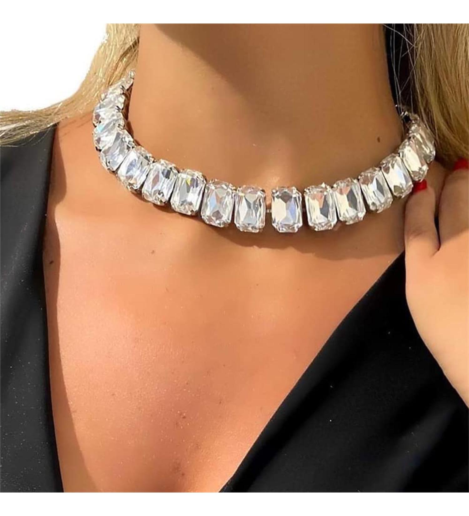 YERTTER Silver Rhinestone Choker Necklace - Adjustable Chunky Chain for Women - Clear Rhinestone Statement Jewelry for Party and Music Bar - Buy Online on GoSupps.com