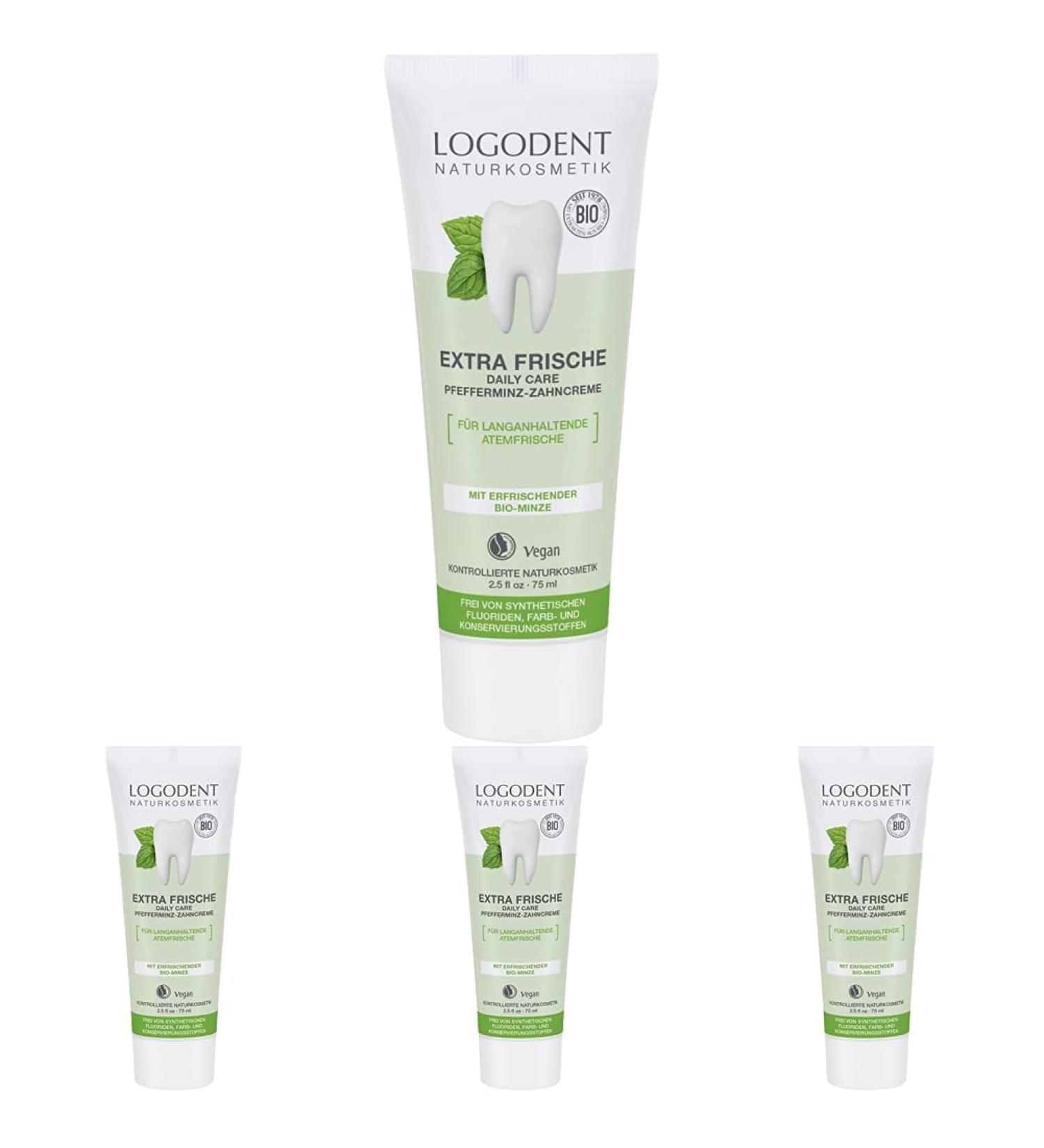Logodent Natural Peppermint Toothpaste - Organic Vegan Daily Care for Healthy Gums | 75ml x 4 Pack - Buy Online on GoSupps.com