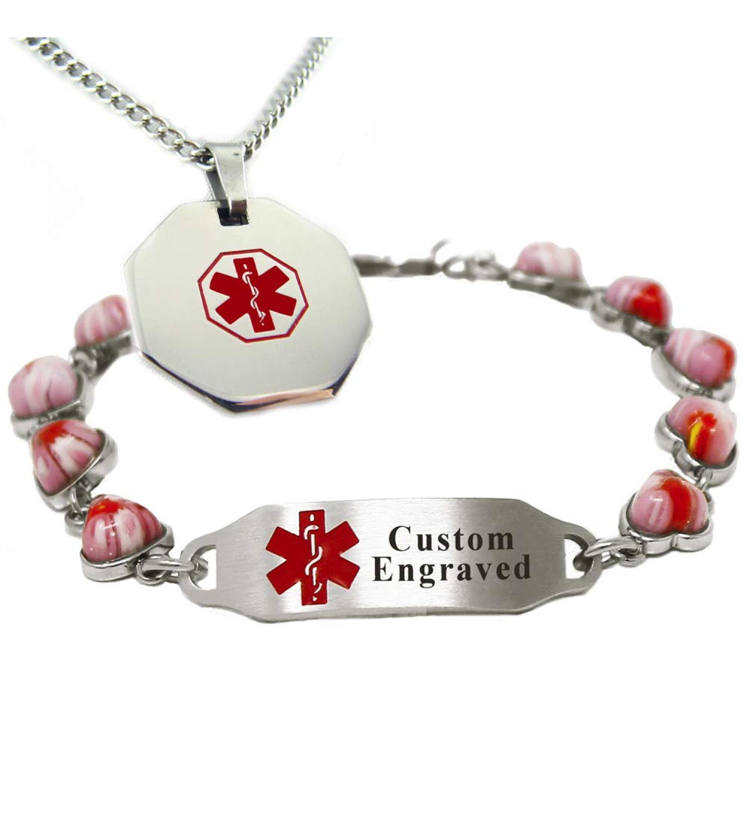 Custom Engraved Medical Alert Bracelet & Heart Necklace for Women - Stainless Steel with Colorful Red Glass - 7.25in Wrist Size - Buy Online on GoSupps.com