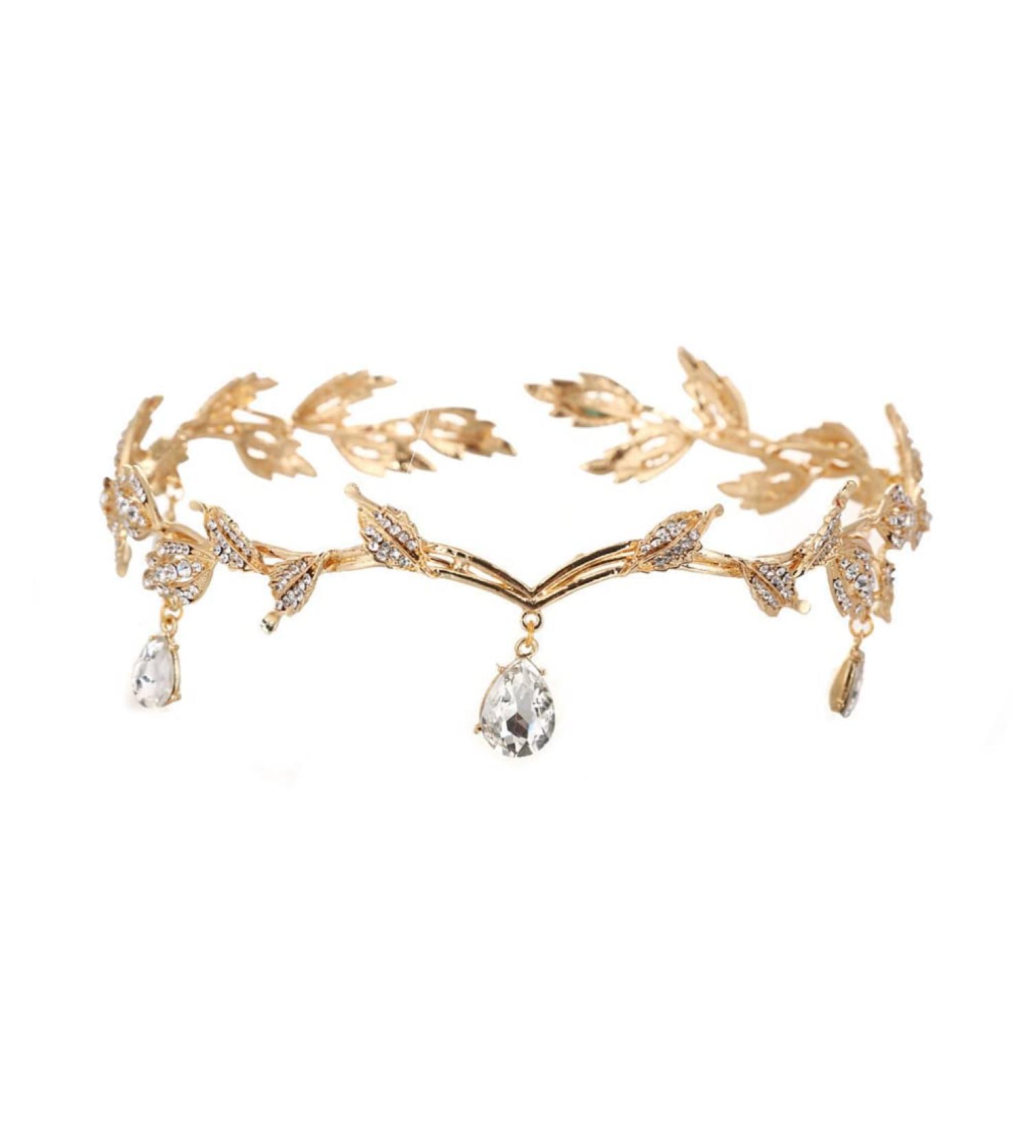 Goddess Tiara Crystal Leaf Wedding Headband for Bride Prom Birthday Party Cosplay Hair Accessories for Girls Golden - Buy Online on GoSupps.com