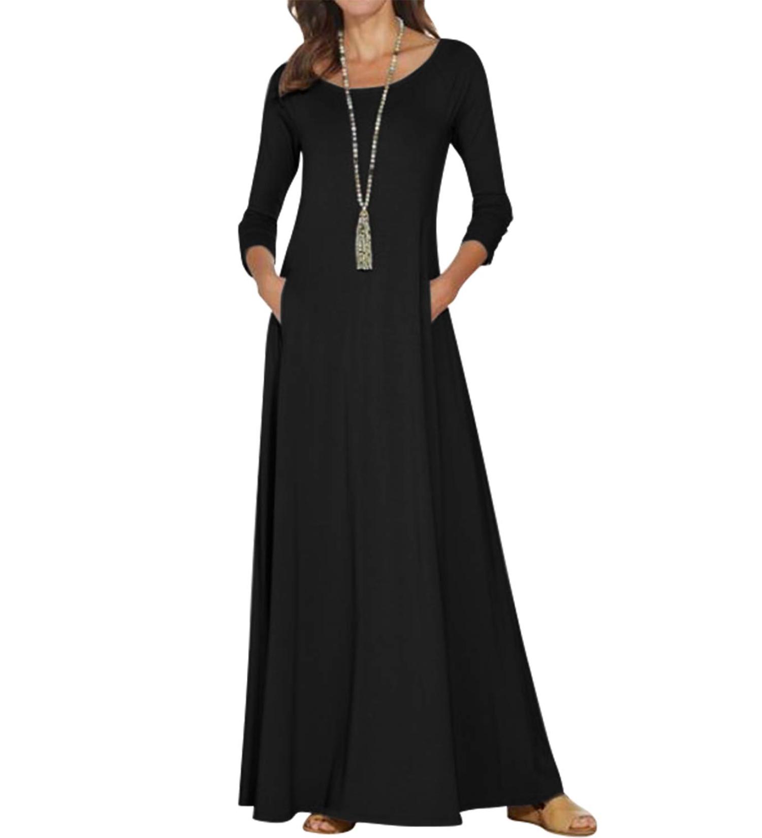 Jacansi Women's 3/4 Sleeve Maxi Dress | Boat Neck, Casual Style | Pockets | 5XL, Black - Buy Online on GoSupps.com