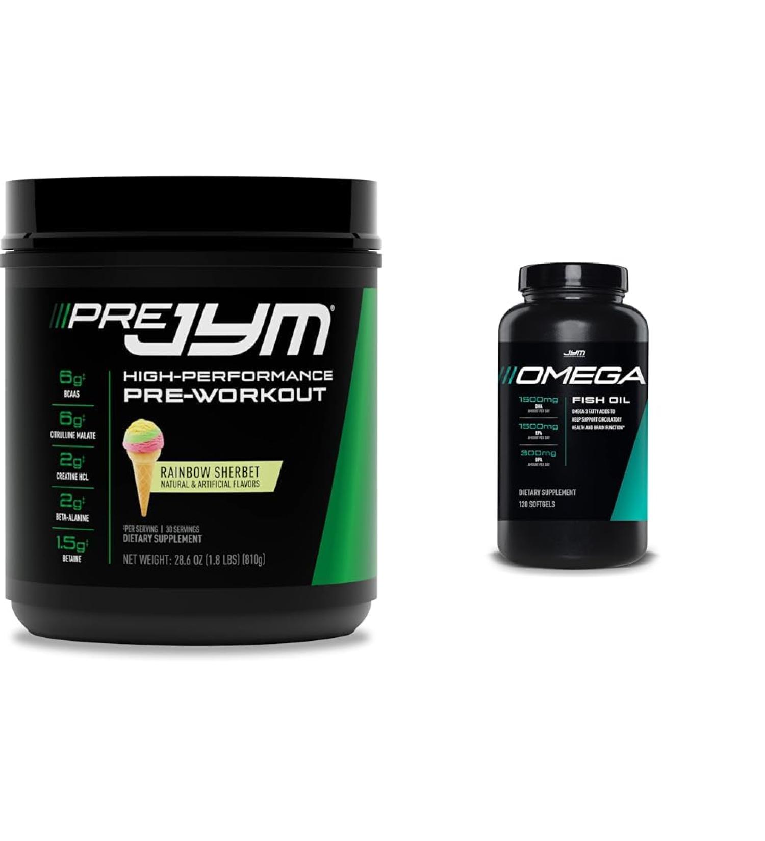 JYM Supplement Science Pre Jym Rainbow Sherbet 30 Servings & Omega JYM Fish Oil 2800mg 120 Softgels - Buy Online on GoSupps.com