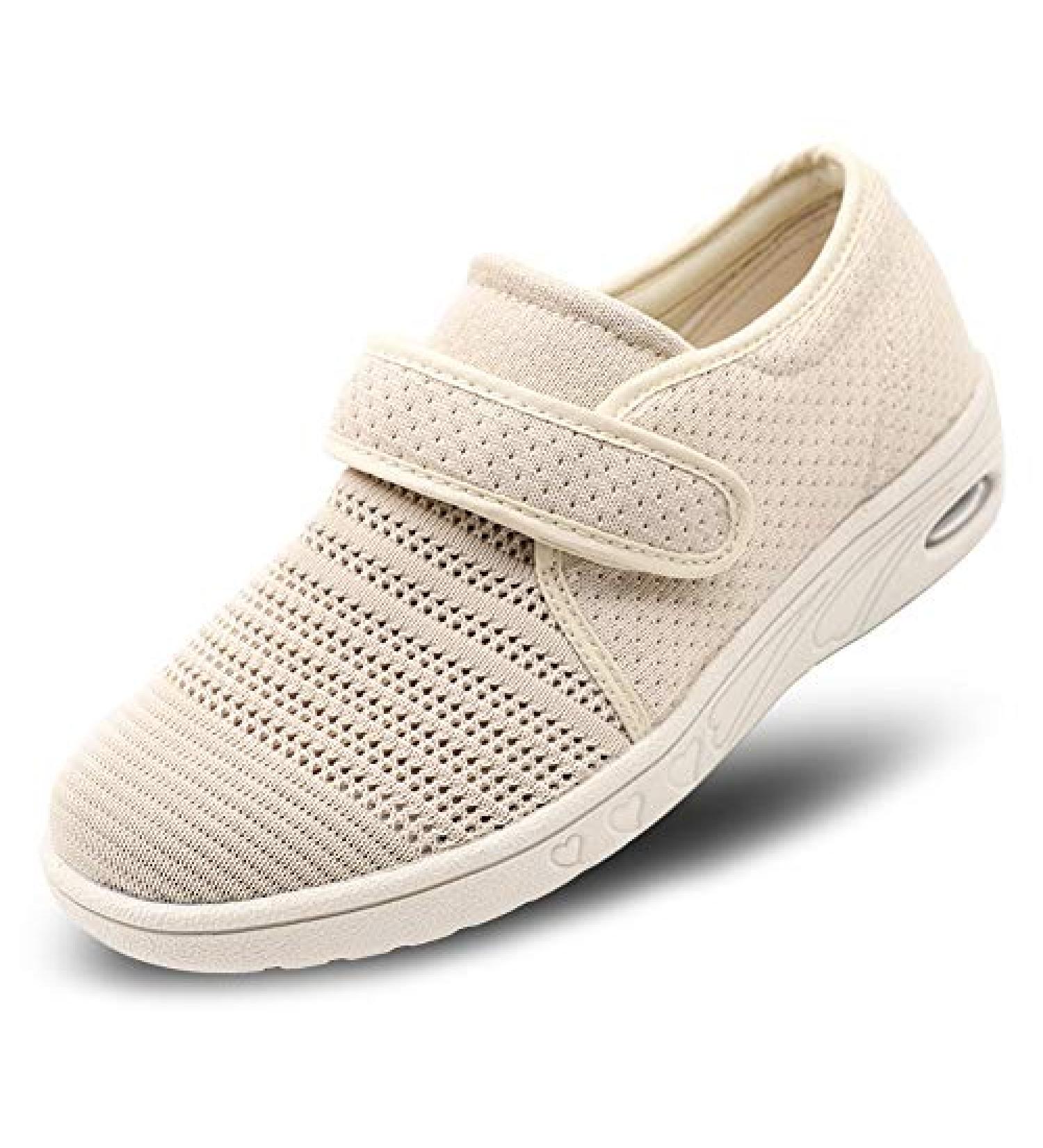 Women's Adjustable Diabetic Walking Shoes - Wide Width Sneakers for Seniors with Swollen Feet & Foot Pain - Breathable Beige - Buy Online on GoSupps.com