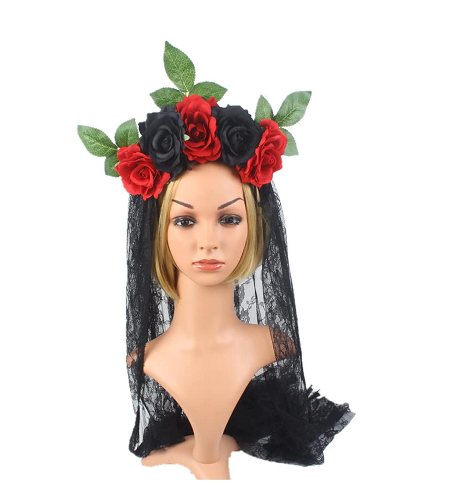 amangul Women Floral Headdress Rose Flower Mesh Lace Headbands for Halloween Party Carnival Vintage Costume Party s(Red Black) - Buy Online on GoSupps.com