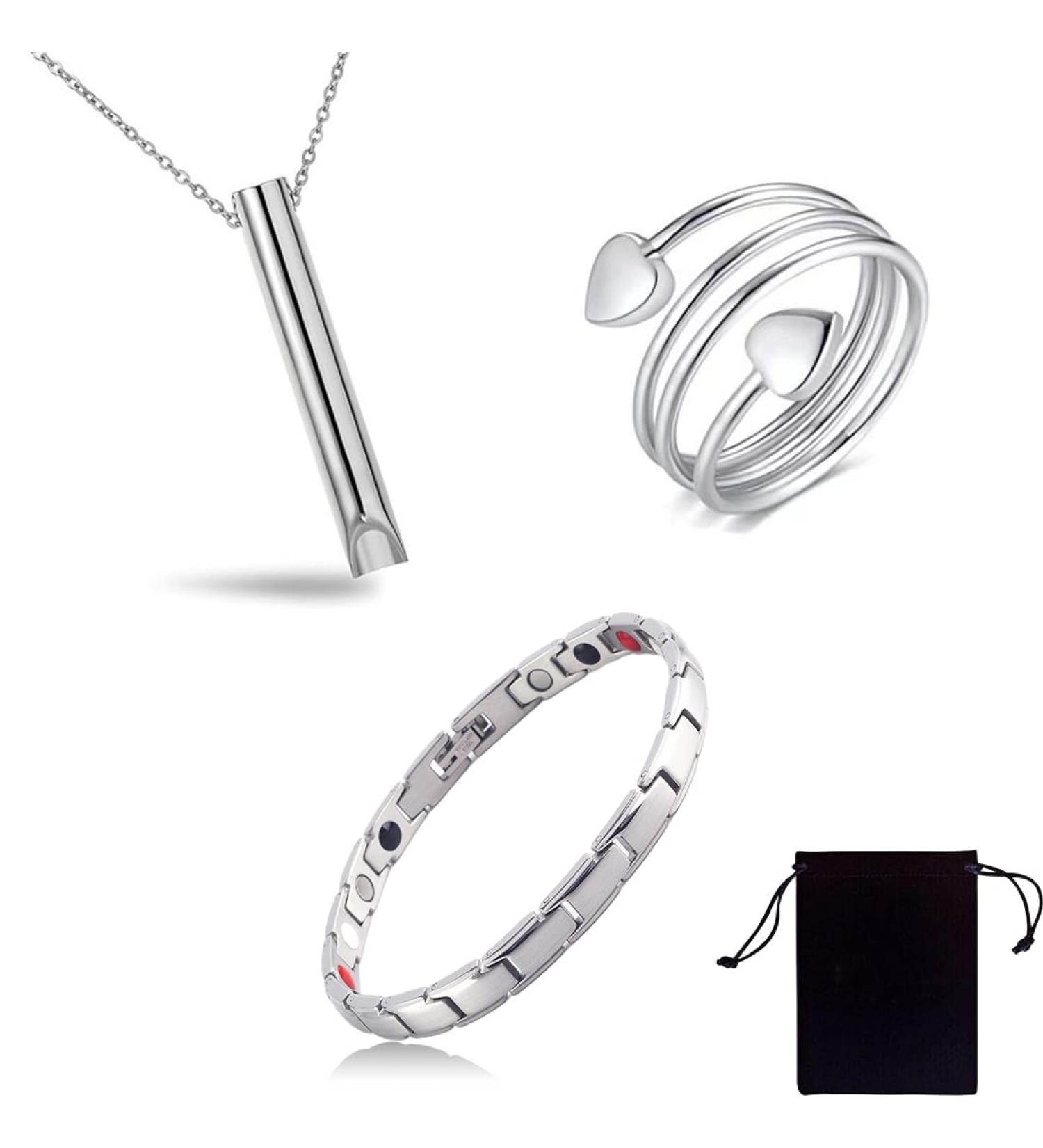 KSJEHW 3-Piece Lymphatic Drainage Magnetic Bracelet Set | Ultral Strength Titanstahl Jewelry for Women | Copper Magnetic Rings & Breath Chain for Relief | Perfect Gift in Silver - Buy Online on GoSupps.com