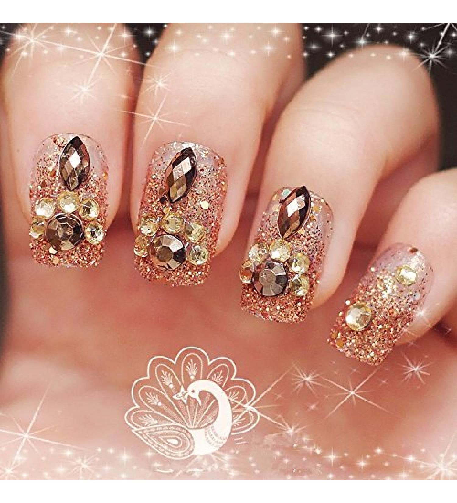 MENILITHS 24Pcs Bridal Nail Art False Nails Set with Bling Rhinestone Full Cover Fake Nail Tips with Design Press on Nails with Adhesive Tab for Women and Girls - Buy Online on GoSupps.com