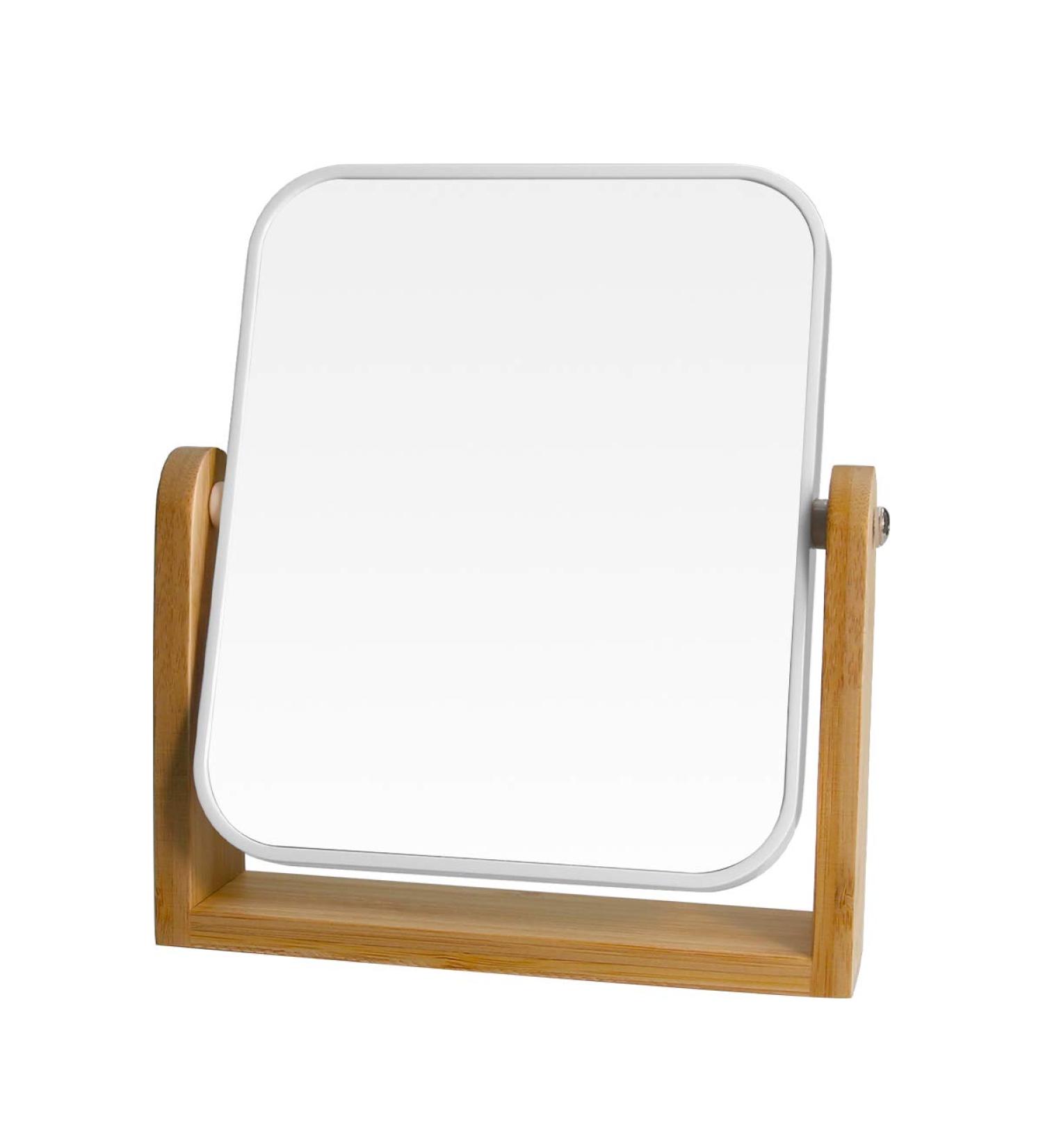 Square White Vanity Makeup Mirror - 1x/3x Magnification, Double Sided 360 Rotation, Portable Tabletop Design with Bamboo Stand - Small Standing Mirror for Desk - Buy Online on GoSupps.com