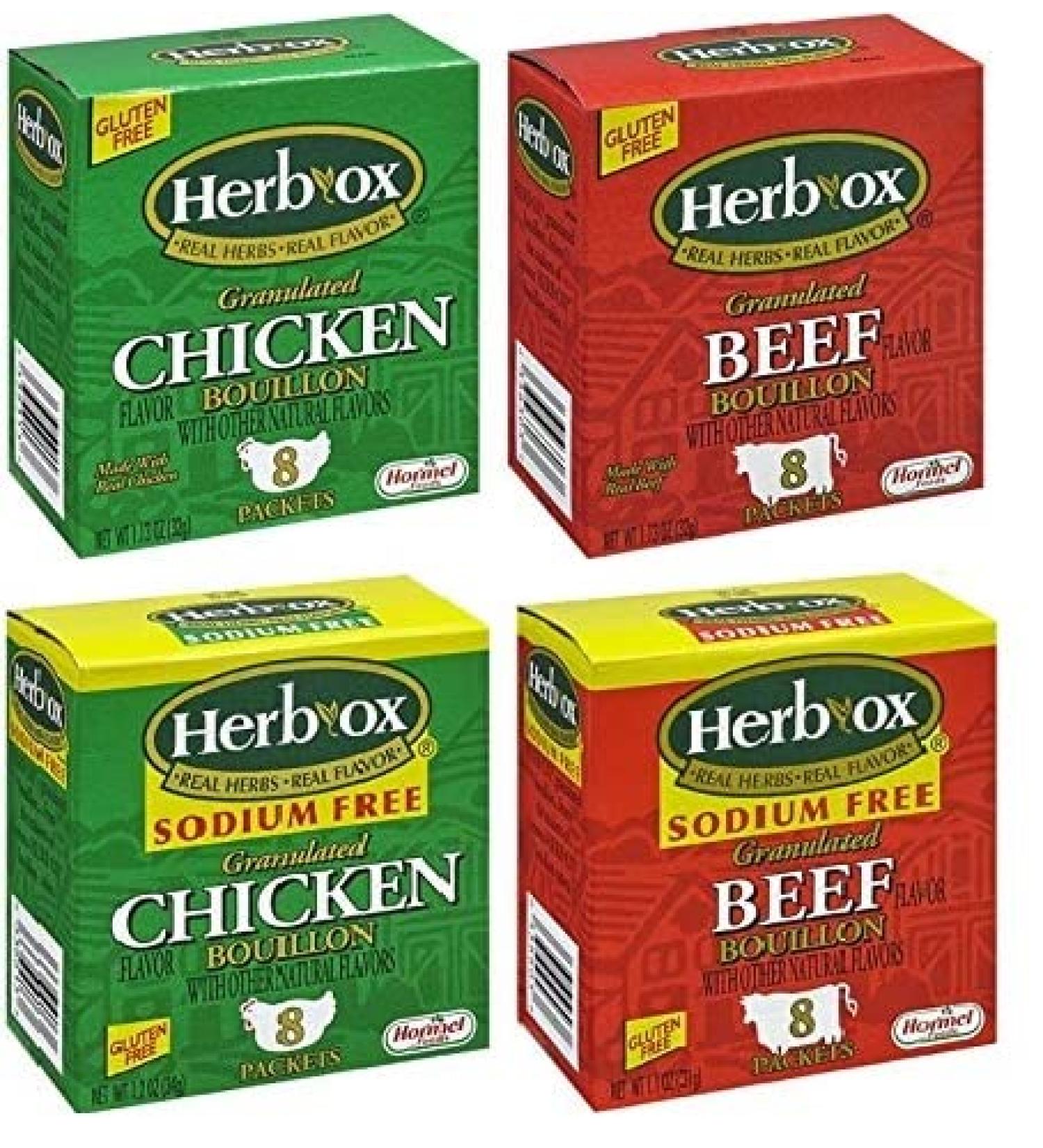 Herb-Ox Bouillon Variety Pack - Chicken, Beef, Sodium-Free Options - 8ct Boxes (Pack of 4) with Basting Brush - Buy Online on GoSupps.com
