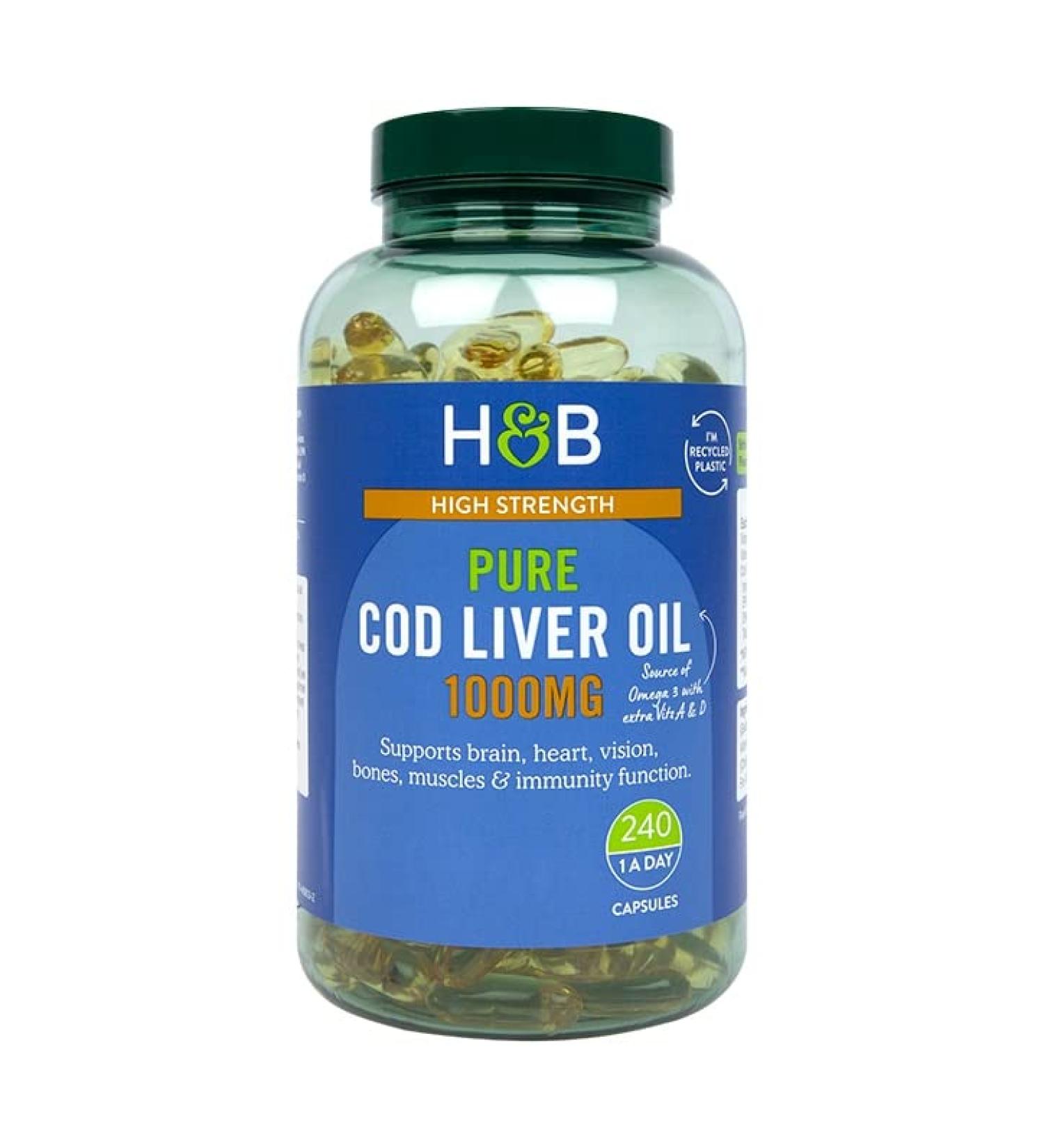 Holland & Barrett Pure Cod Liver Oil 1000mg - Natural Source of Omega-3 Vitamin A and Vitamin D - 240 Capsules