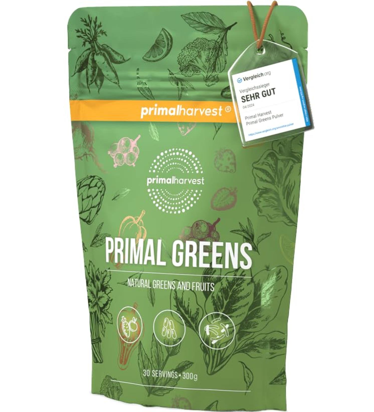 Primal Harvest Primal Greens powder for athletes with organic barley grass vitamins minerals bacterial strains for smoothies 300 g original - Buy Online on GoSupps.com