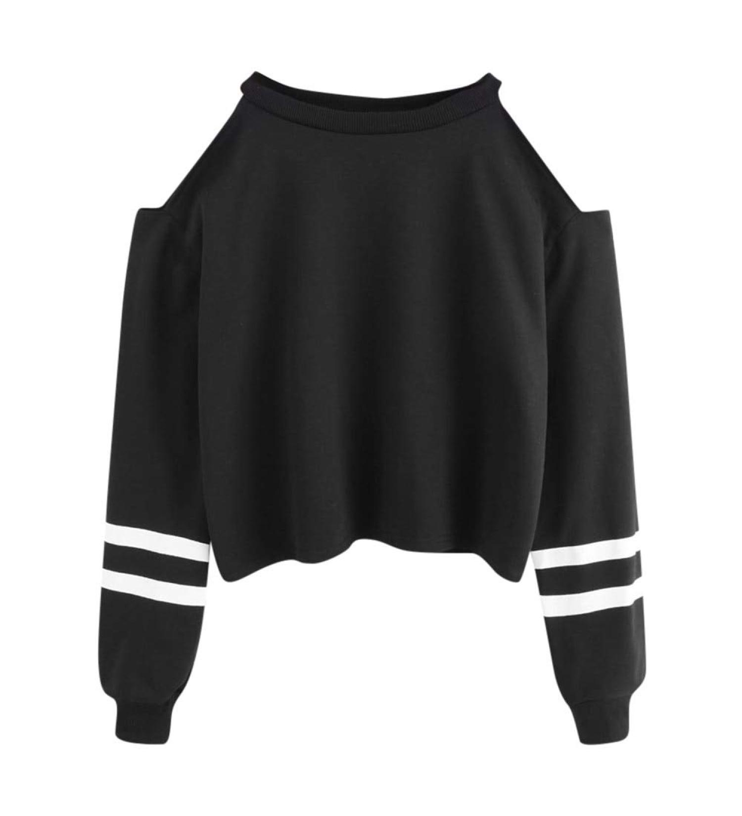 Bigfanshu Womens Hoodies for Off Shoulder Long Sleeve O-Neck Casual Sweatshirt Short Pullover Plus Size Clothes Black