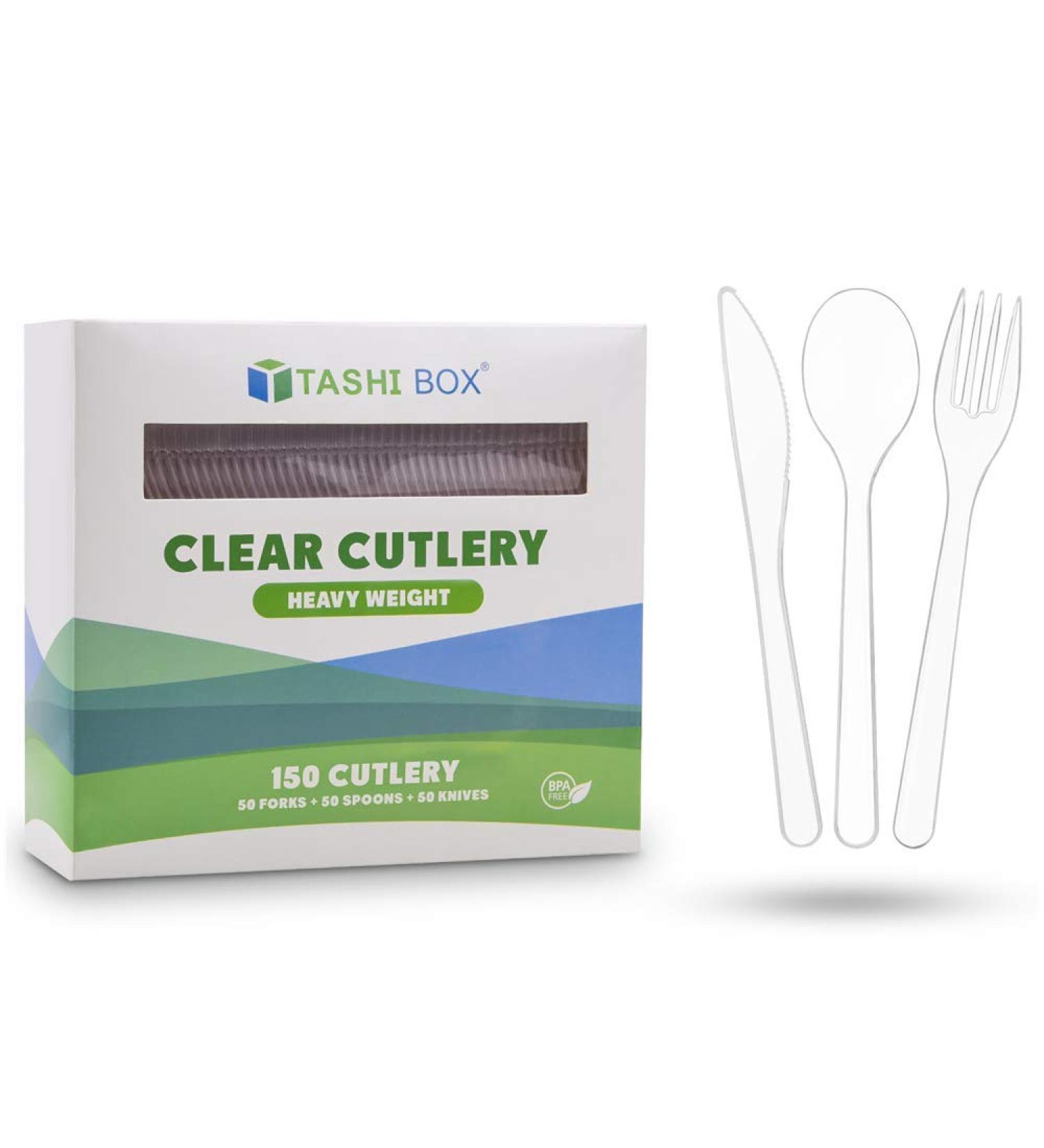 TashiBox 150 Heavyweight Plastic Cutlery Set - 50 Forks, 50 Spoons, 50 Knives | Disposable Clear Cutlery for Parties - Buy Online on GoSupps.com