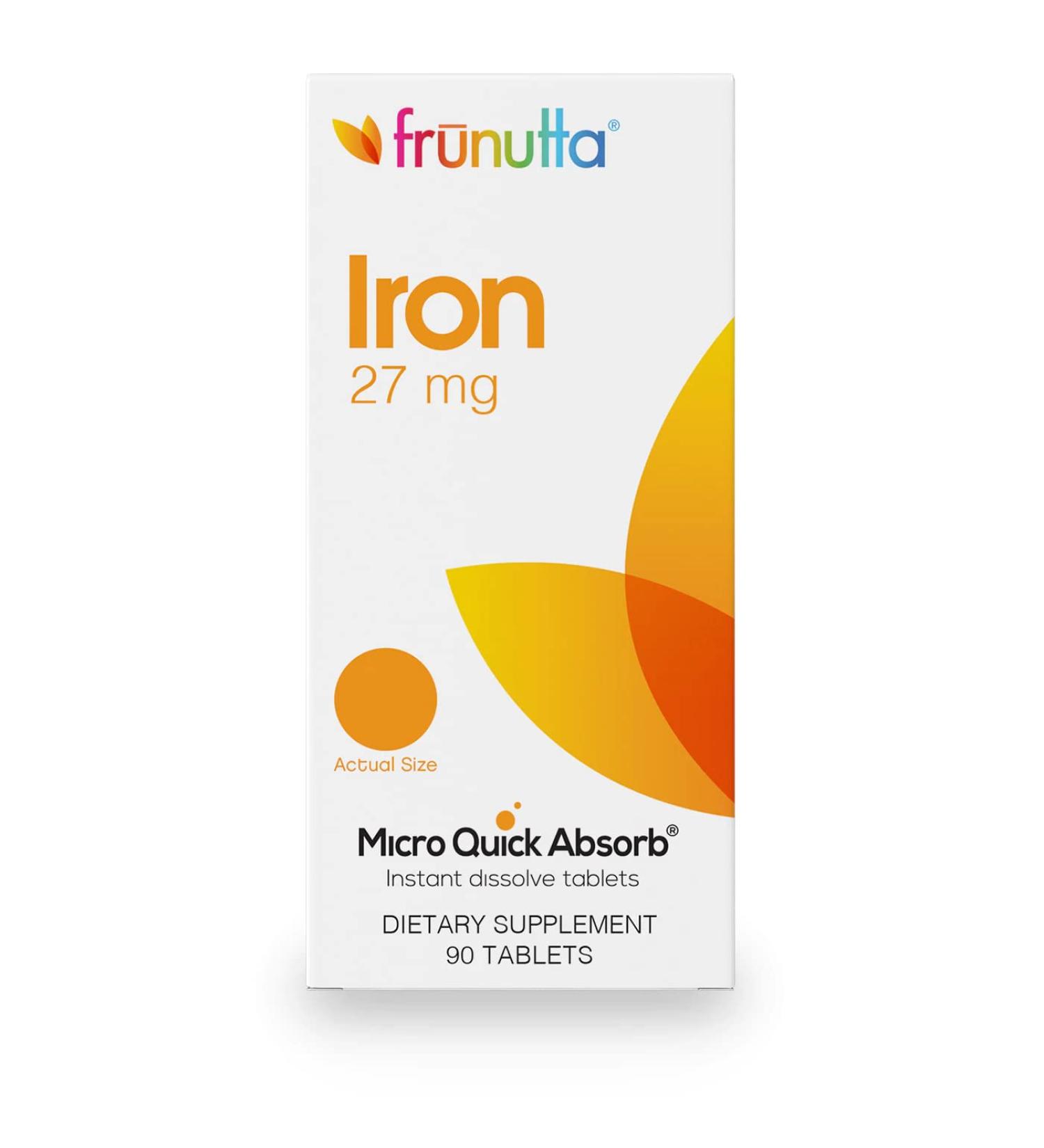 Frunutta Iron Under The Tongue Instant Dissolve Tablets - 27 mg x 90 Tablets - for Iron Deficiency in Anemia or Pregnancy - Dietary Supplement- Non-GMO Gluten Free and No Additives