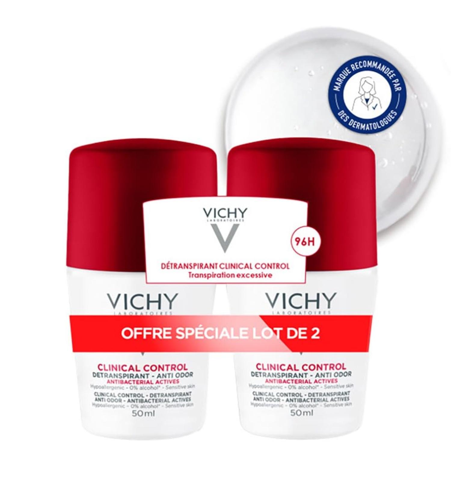 Vichy Clinical Control D odorant D transpirant 96H Roll-On Transpiration Excessive Anti-Odeurs Sans Alcool & Sans Parfum Adapt aux Peaux Sensibles 2x50 ml