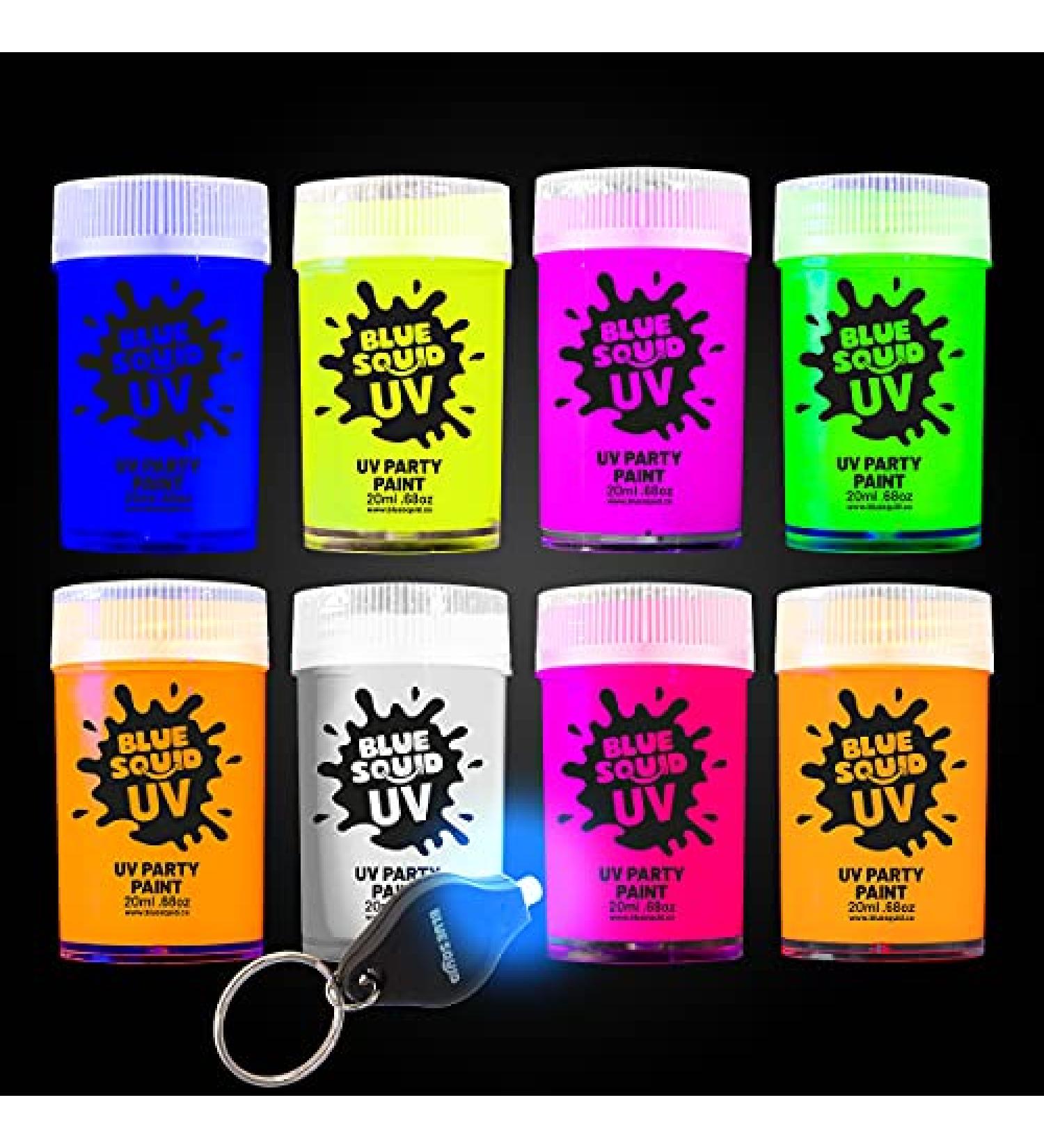 Blue Squid Fluorescent Glow Face & Body Paint Kit - Set of 8 Neon Colors for UV & Blacklight | Includes Free UV Flashlight | Festive Glowing Makeup - Buy Online on GoSupps.com