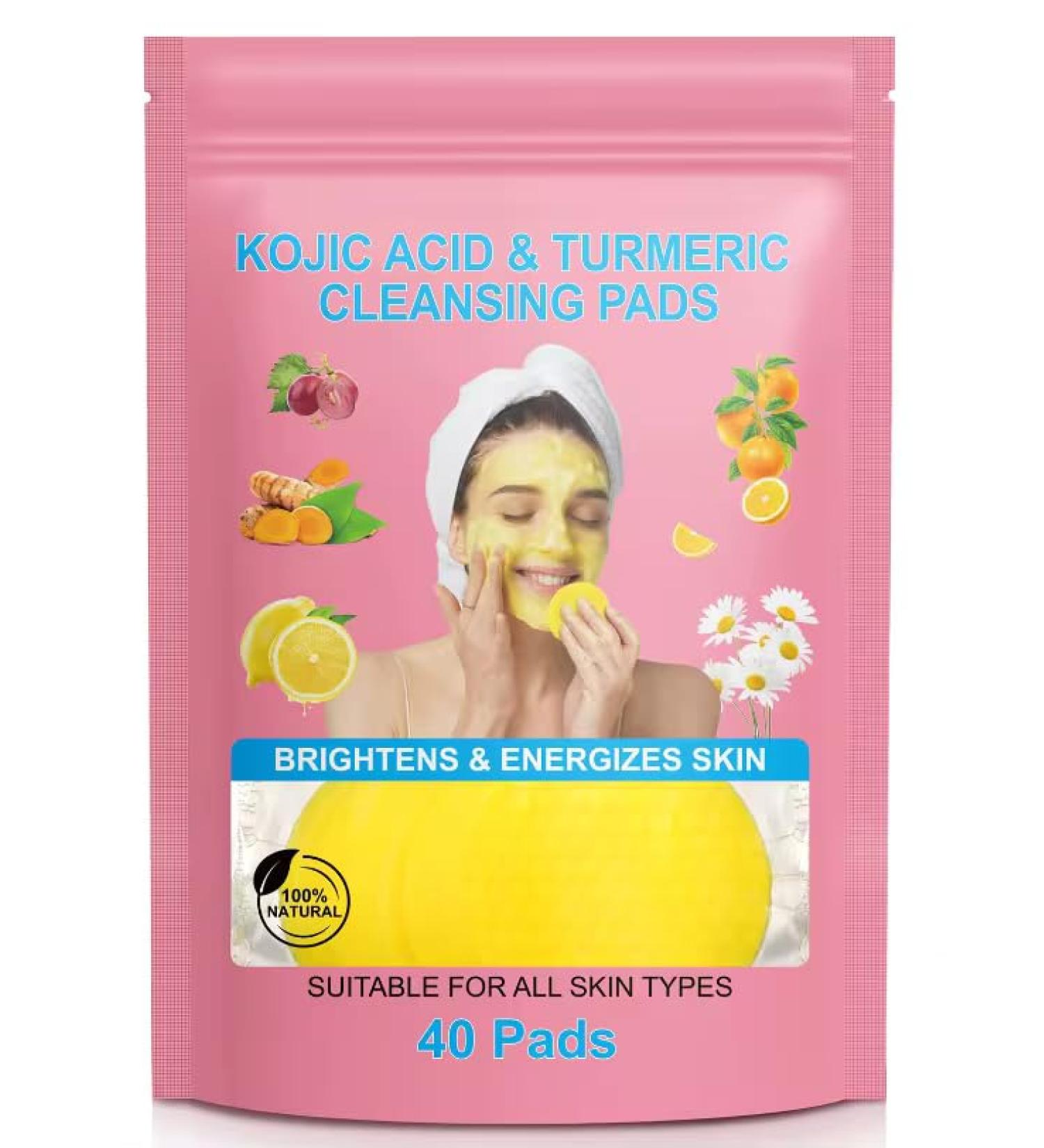 Turmeric & Kojic Acid Cleansing Pads - 40 Exfoliating Pads for Face & Body | Brightening Oil Balancing & Dark Spot Reduction with Vitamin C & B5 - Buy Online on GoSupps.com