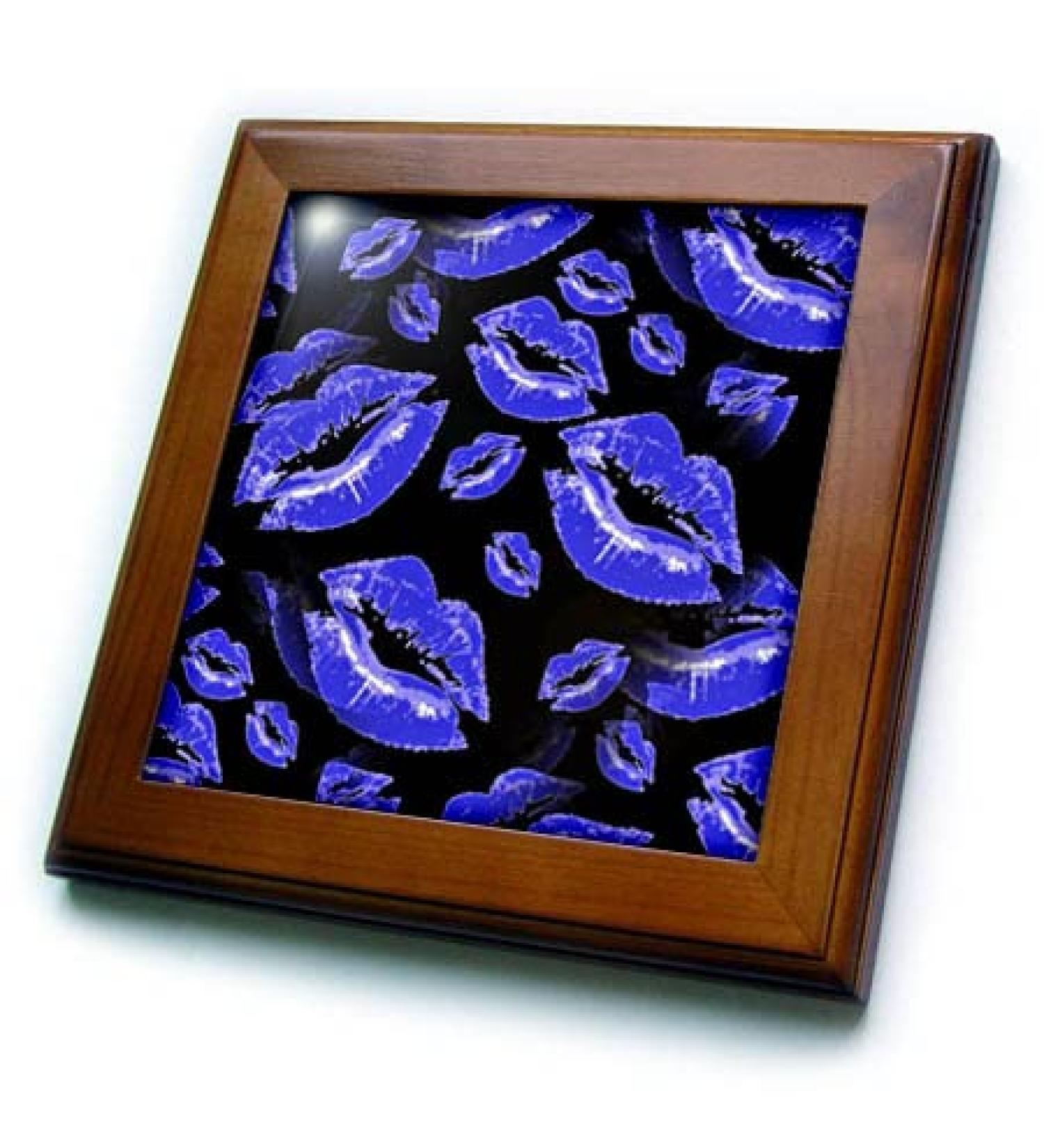 3dRose 8x8 Framed Tile - Two Kisses Collided Lip Bold Blue Lips Pattern Pattern - Lipstick Kisses