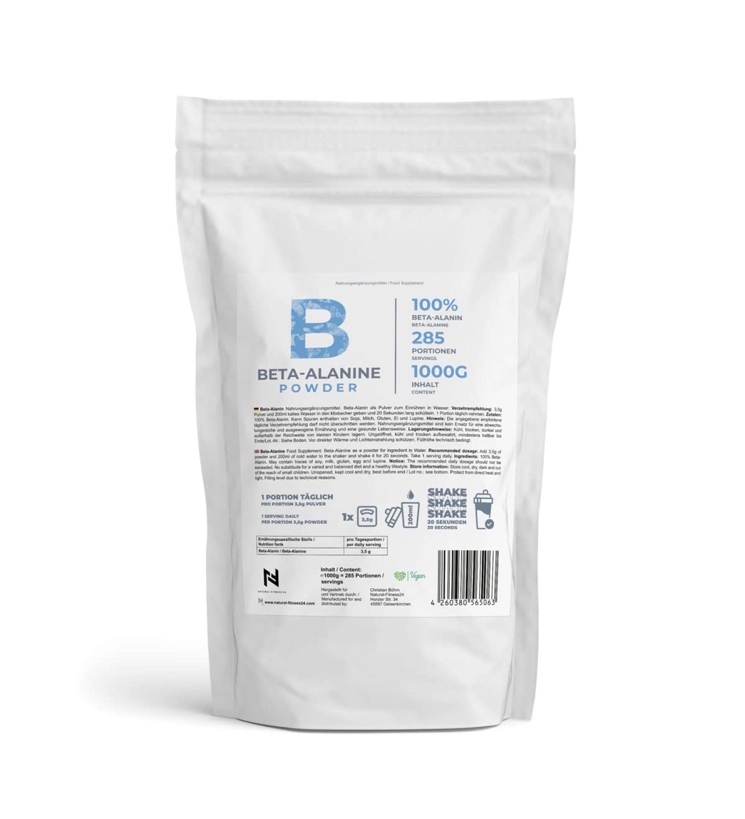 NF24 Beta Alanine Powder 1Kg | Neutral without additives | Highly dosed vegan & pure beta-alanine | 285 servings per bag