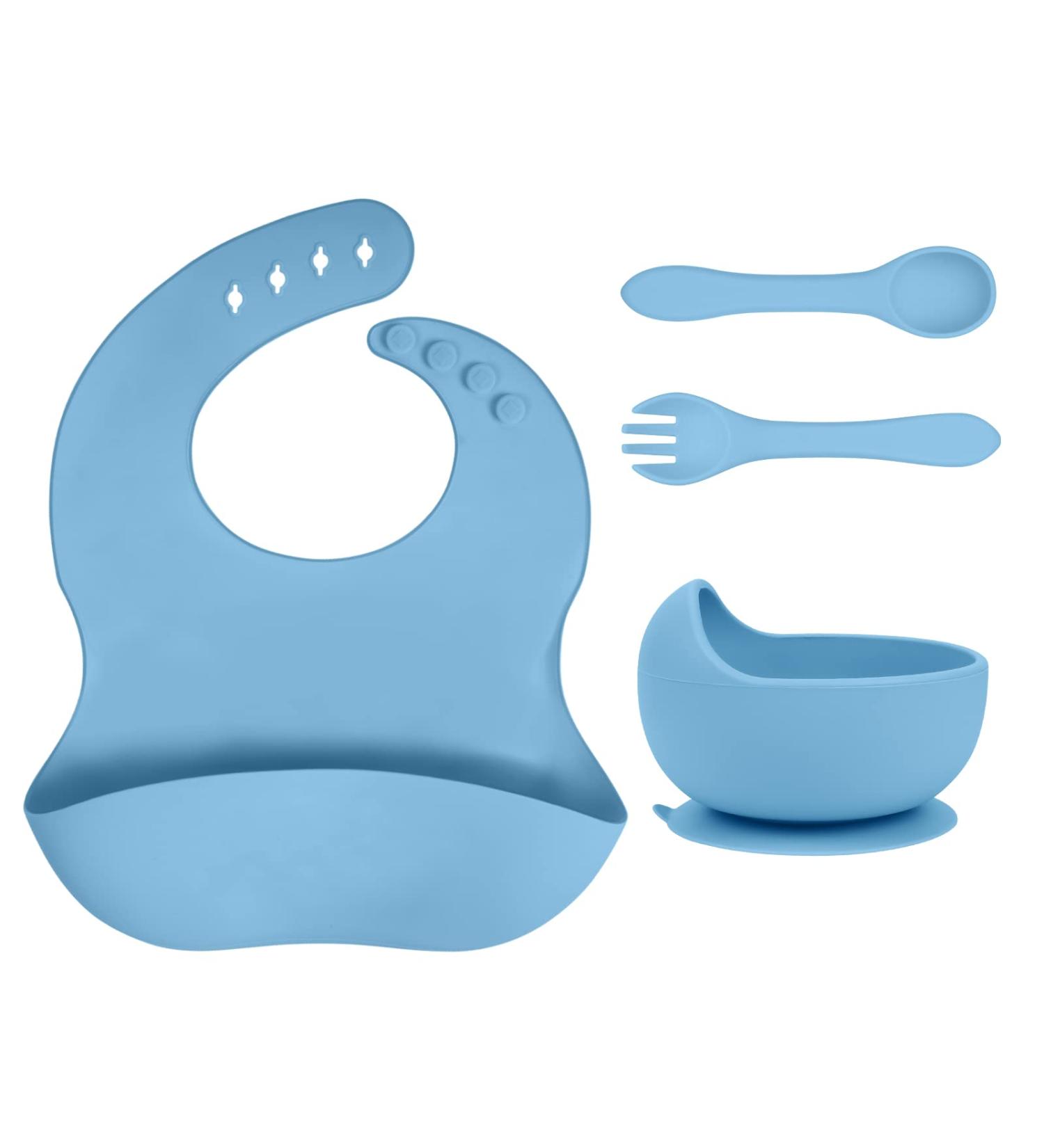 Vicloon Silicone Baby Feeding Set - 4Pcs Weaning Set with Suction Plate, Bib, Spoon & Fork | BPA-Free Toddler & Kids Bowl Set - Blue - Buy Online on GoSupps.com