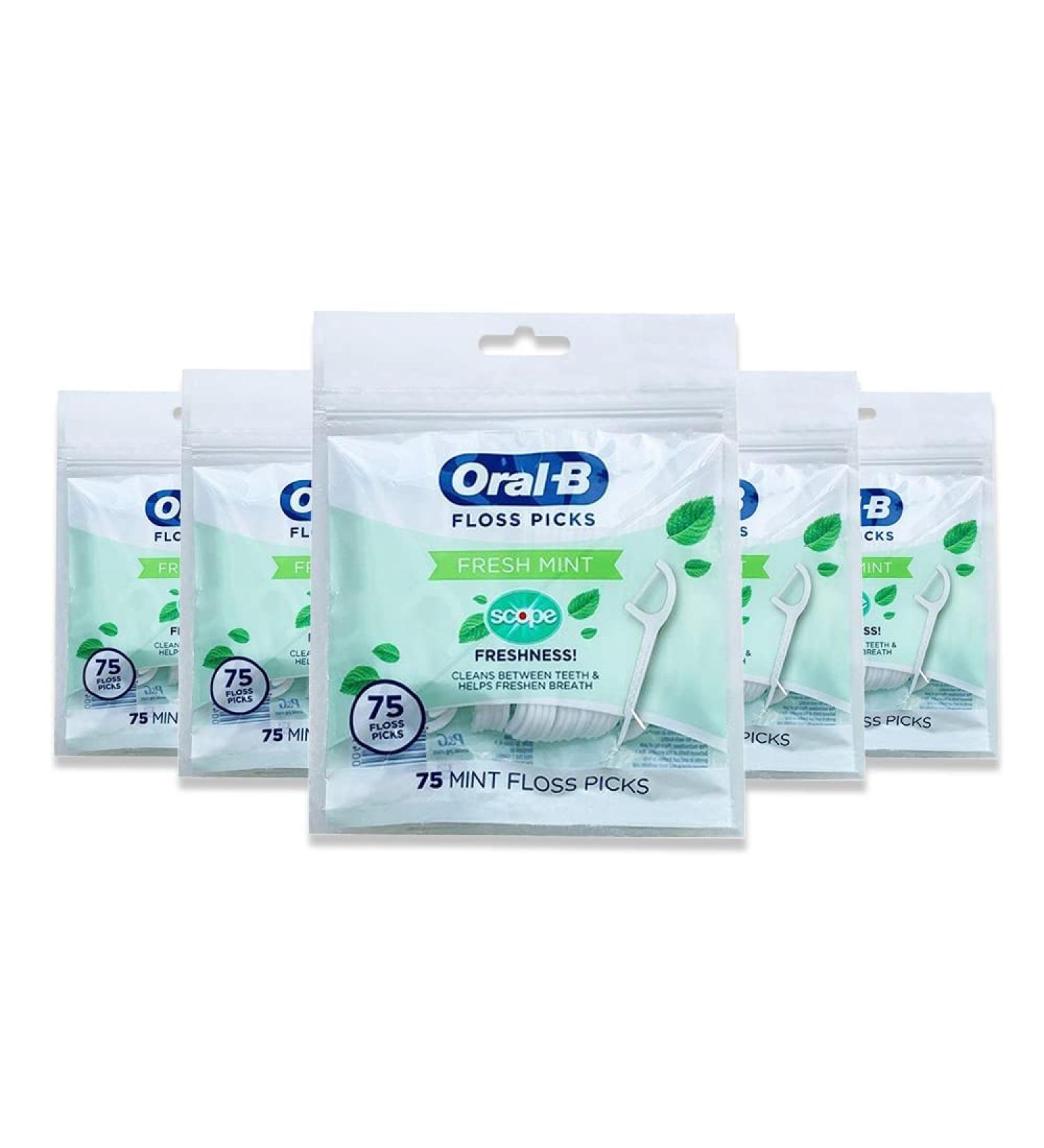 Oral-B Fresh Mint Dental Floss Picker with Scope Freshness Non-Splintering 75 Count (5 Count)