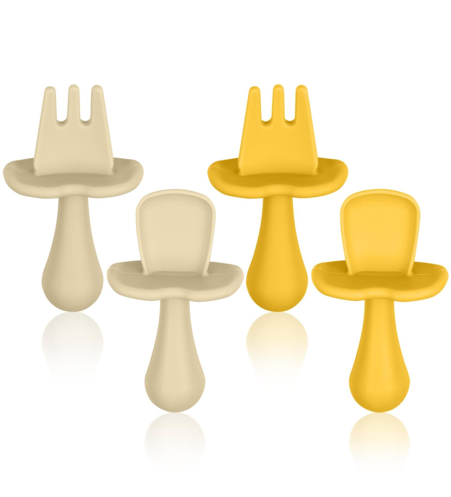 Vicloon Baby Fork and Spoon Set 4Pcs - Silicone Self Feeding Utensil for Toddler Cutlery Kit - Easy Grip Baby Weaning Spoons - Beige-yellow - Buy Online on GoSupps.com