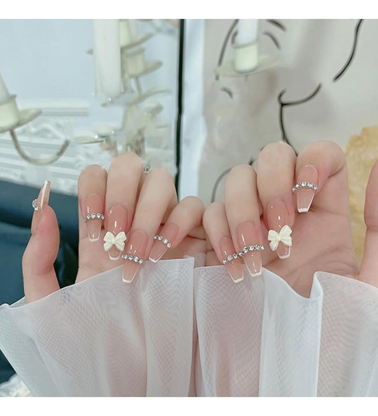 24Pcs/Set Press On Nails French Butterfly Bow Chain Diamond Long False Nails Acrylic Fake Nails Full Cover Nails Tips Artificial Finger Manicure Press on nails for Women and Girls - Buy Online on GoSupps.com