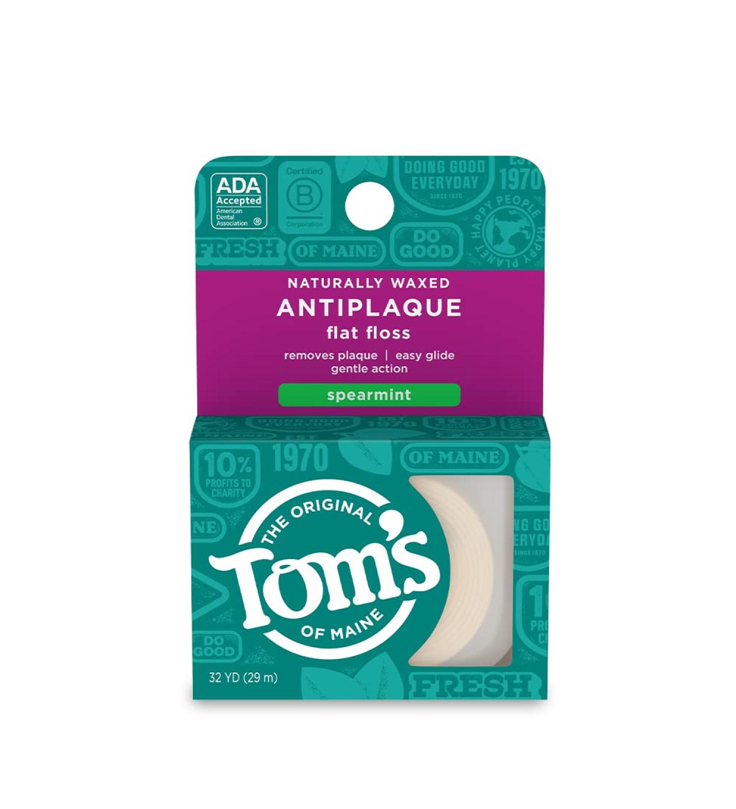 Tom s of Maine Naturally Waxed Antiplaque Dental Floss - Spearmint Flavor 32 Yards | Eco-Friendly Oral Care - Buy Online on GoSupps.com