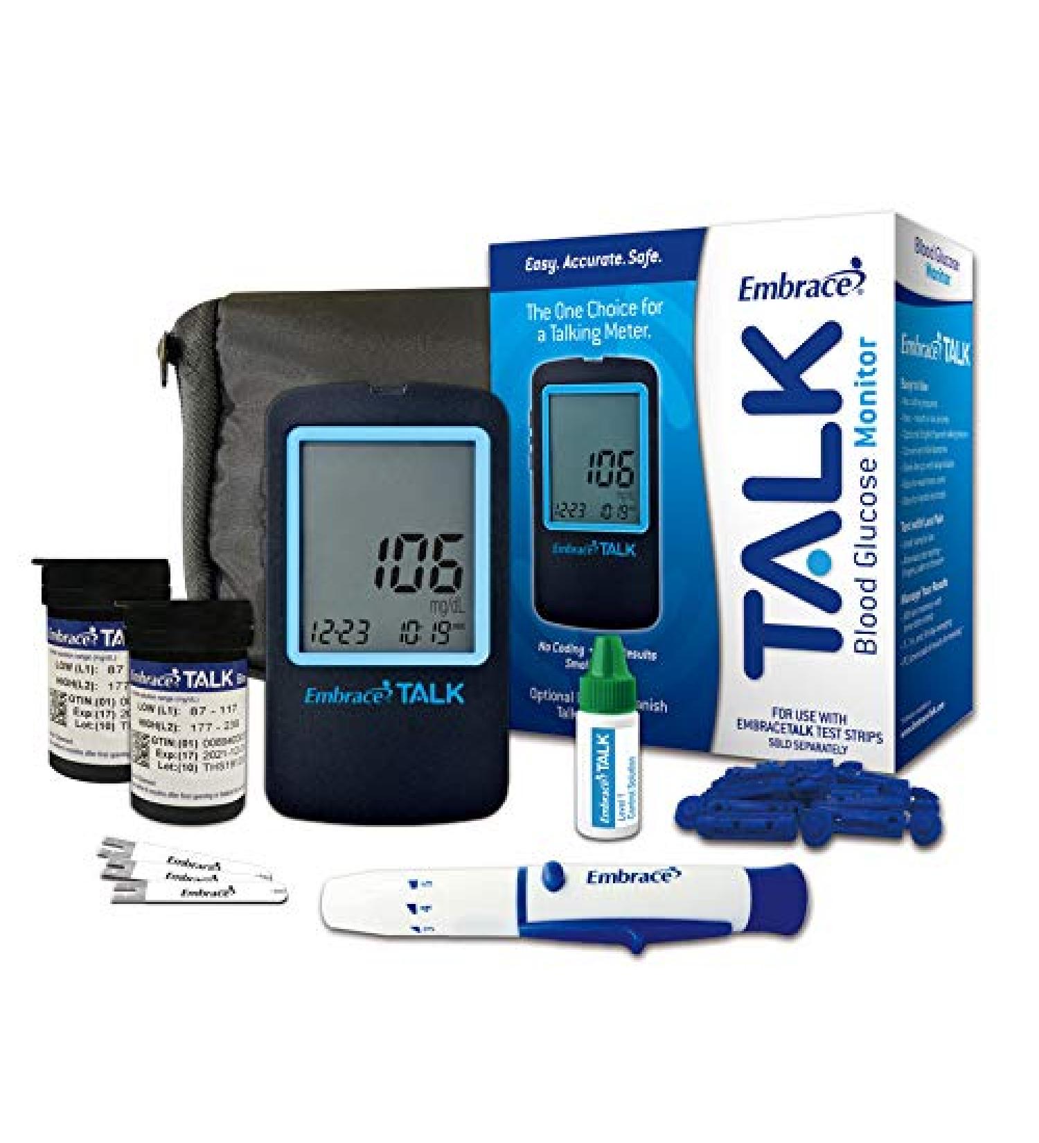 Diabetes Testing Kit Glucose Testing Kit includes Embrace Talk Meter 100 Embrace Talk Test strips 100 Embrace 30g Lancets 1 Embrace Lancing Device 1 Control solution and Carrying Case
