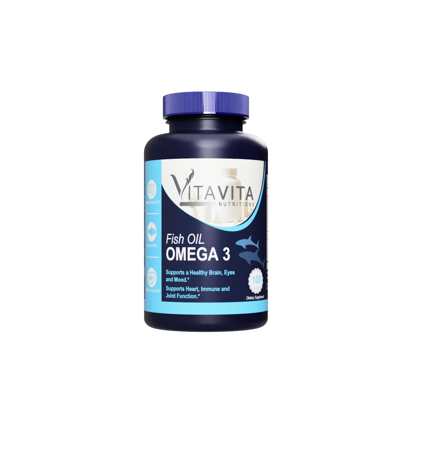 VitaVita Nutritions Fish Oil Omega 3 softgel Supports Brain Eyes Mood Heart Immune and Joint Function 100 Softgel