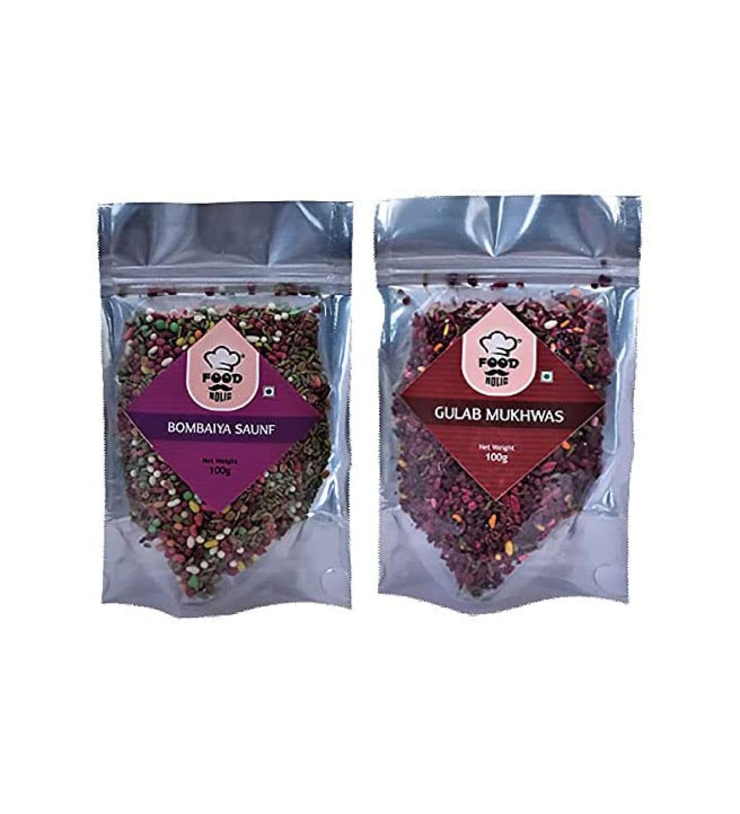 Foodholic Premium Mouth Freshener Combo Pack of 2 (100 Gm Each) (Bambaiya Mukhwas X 1 & Gulab Mukhwas X 1)_Packing May Vary