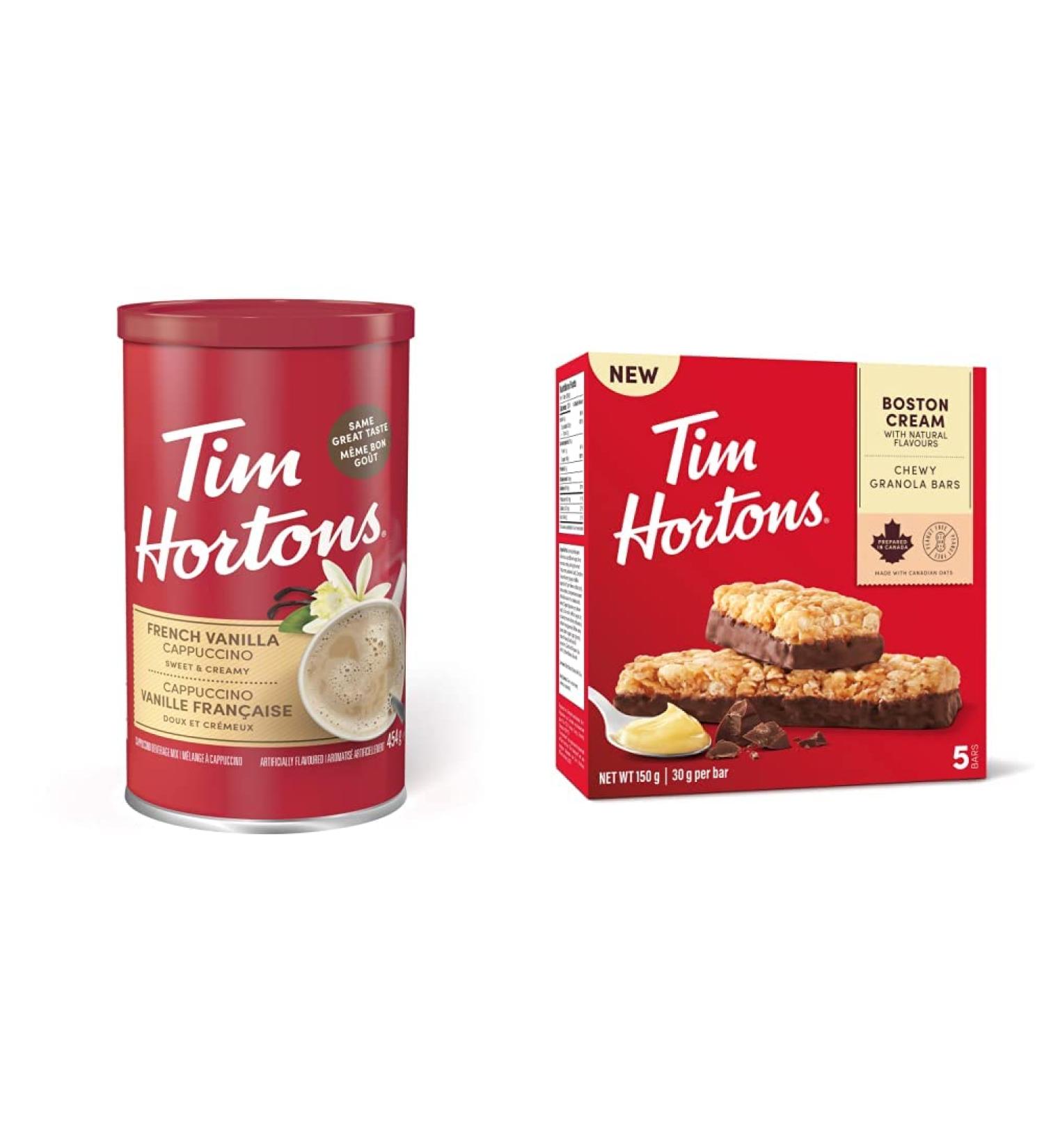 Tim Horton's Instant Cappuccino French Vanilla 16 Ounce & Boston Cream Granola Bars Peanut Free 5 Count - Buy Online on GoSupps.com