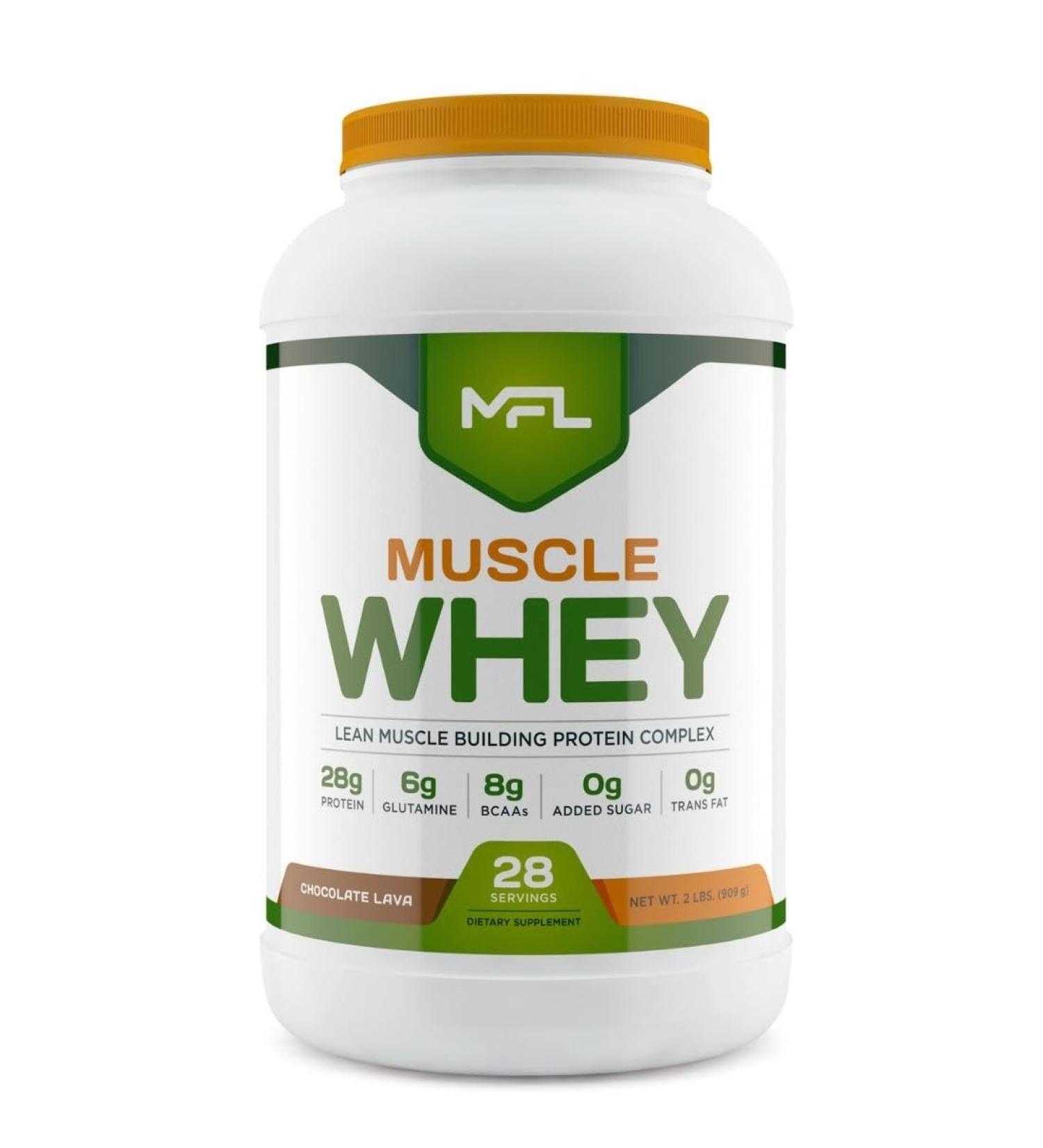 MFL Muscle Whey Protein 2 lbs l 26g of Protein l 8g BCAAs l 6g Glutamine l Low Carbs l 28 Servings (Chocolate Lava) - Buy Online on GoSupps.com