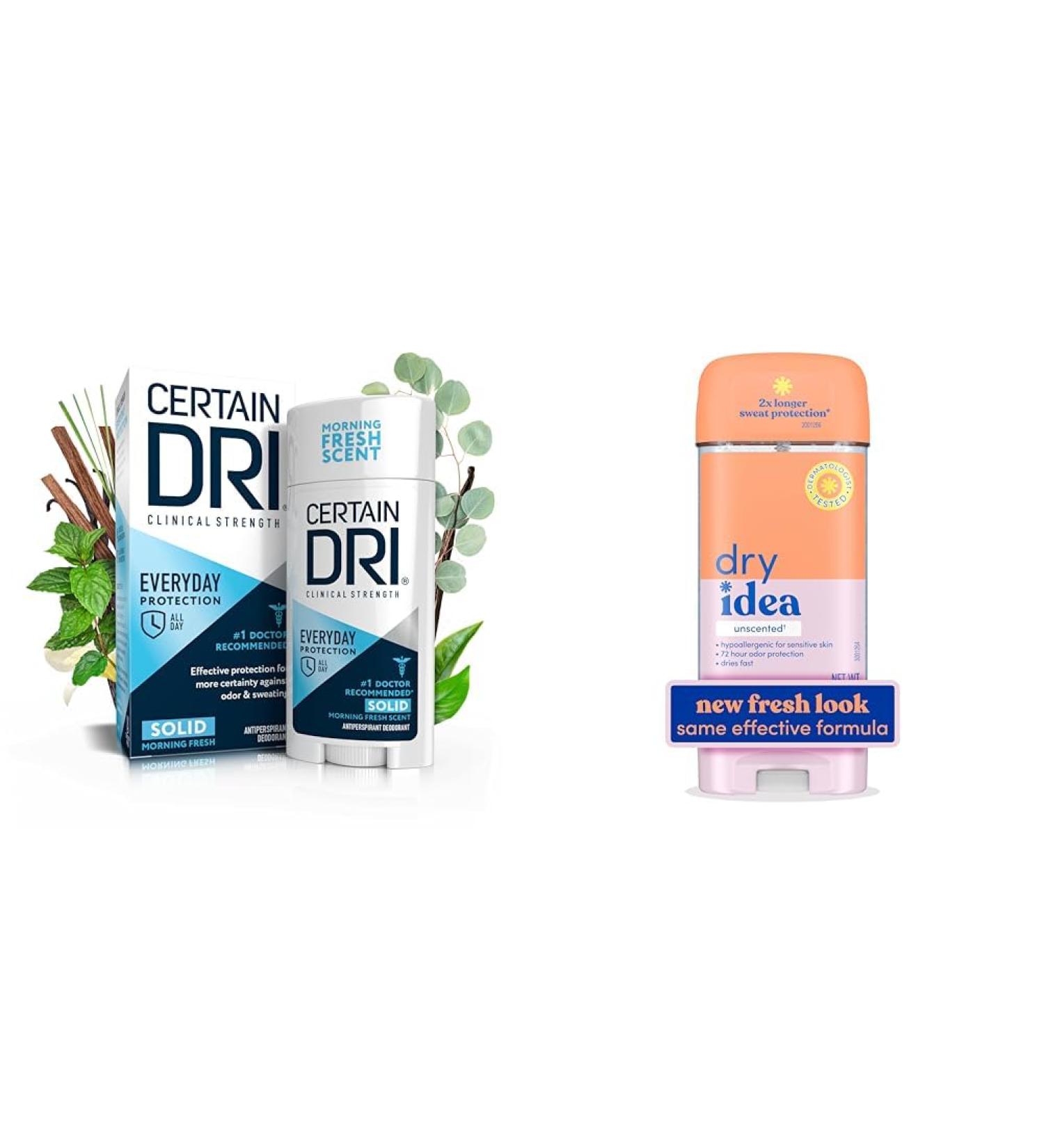 Certain Dri Everyday Strength Clinical Antiperspirant Solid Deodorant 2 Pack Bundle with Dry Idea Gel Deodorant Antiperspirant Unscented - Buy Online on GoSupps.com