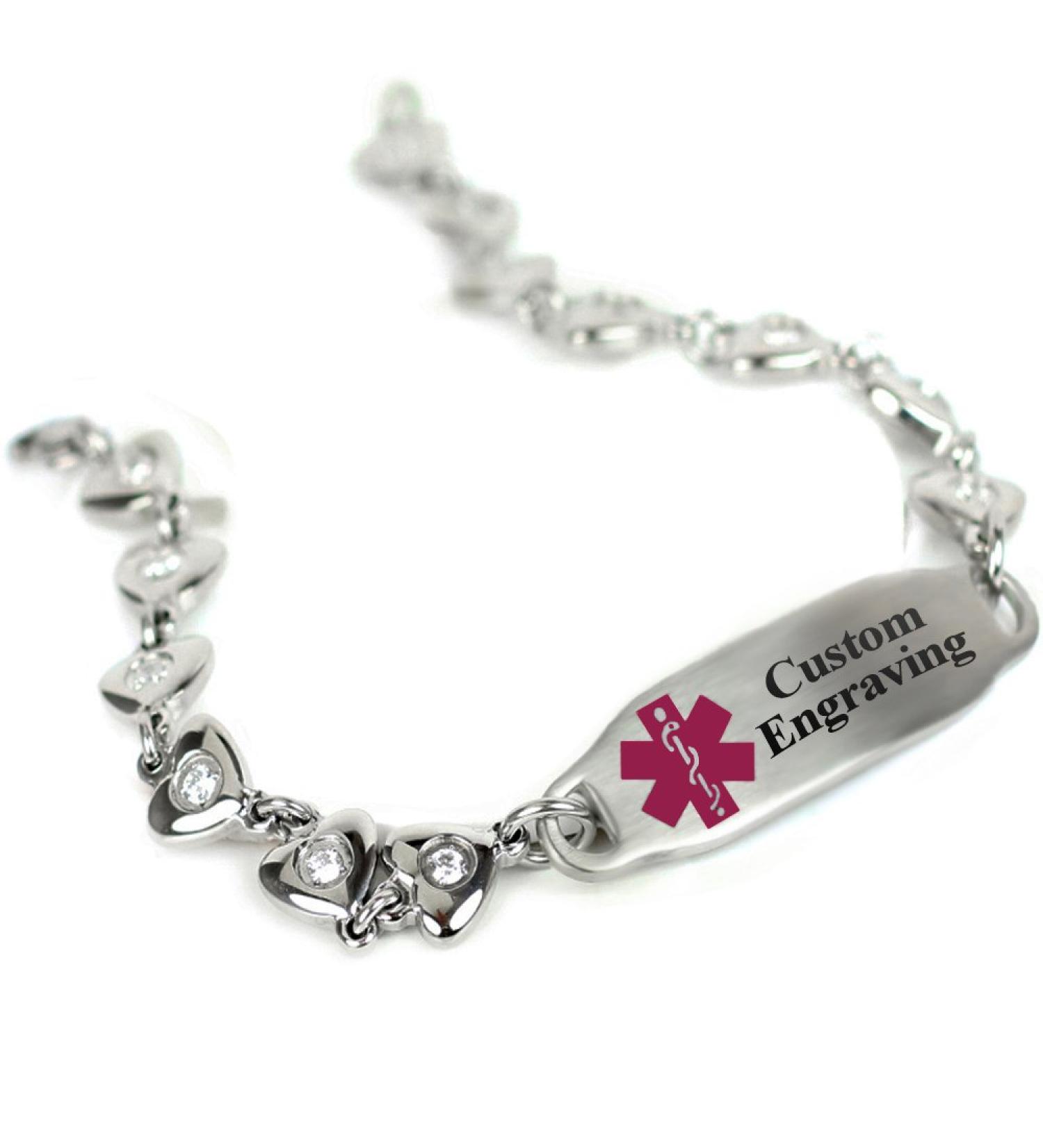 Custom Engraved Medical Bracelet | 316L Stainless Steel | Hearts & Round CZ | 10 Inch Wrist Size - Buy Online on GoSupps.com