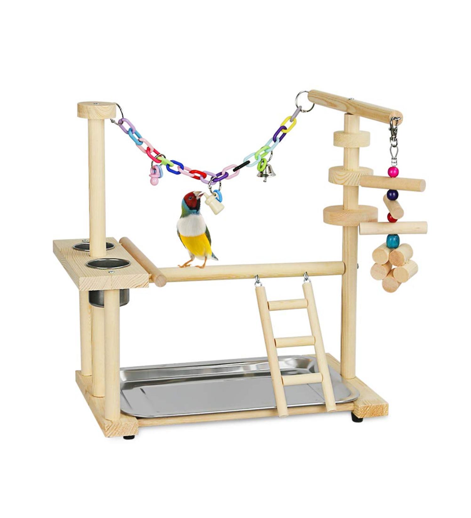 Olpchee Bird Playground Parrot Playstand with Feeder Cups, Toys, and Tray - Wooden Perch Gym for Cockatiel, Parakeet - Buy Online on GoSupps.com