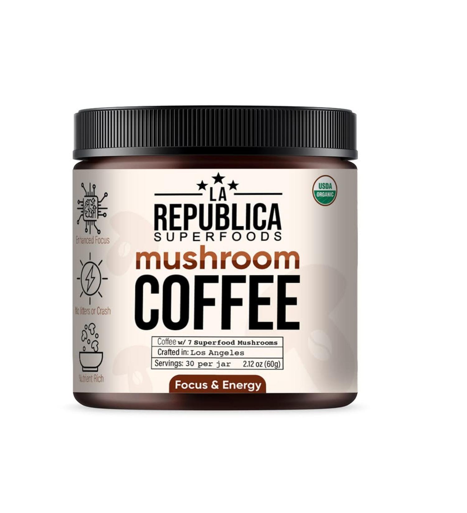 La Republica Organic Mushroom Coffee (30 Servings) with 7 Superfood Mushrooms - Arabica Instant Coffee with Lion's Mane, Reishi, Chaga, and More - Buy Online on GoSupps.com