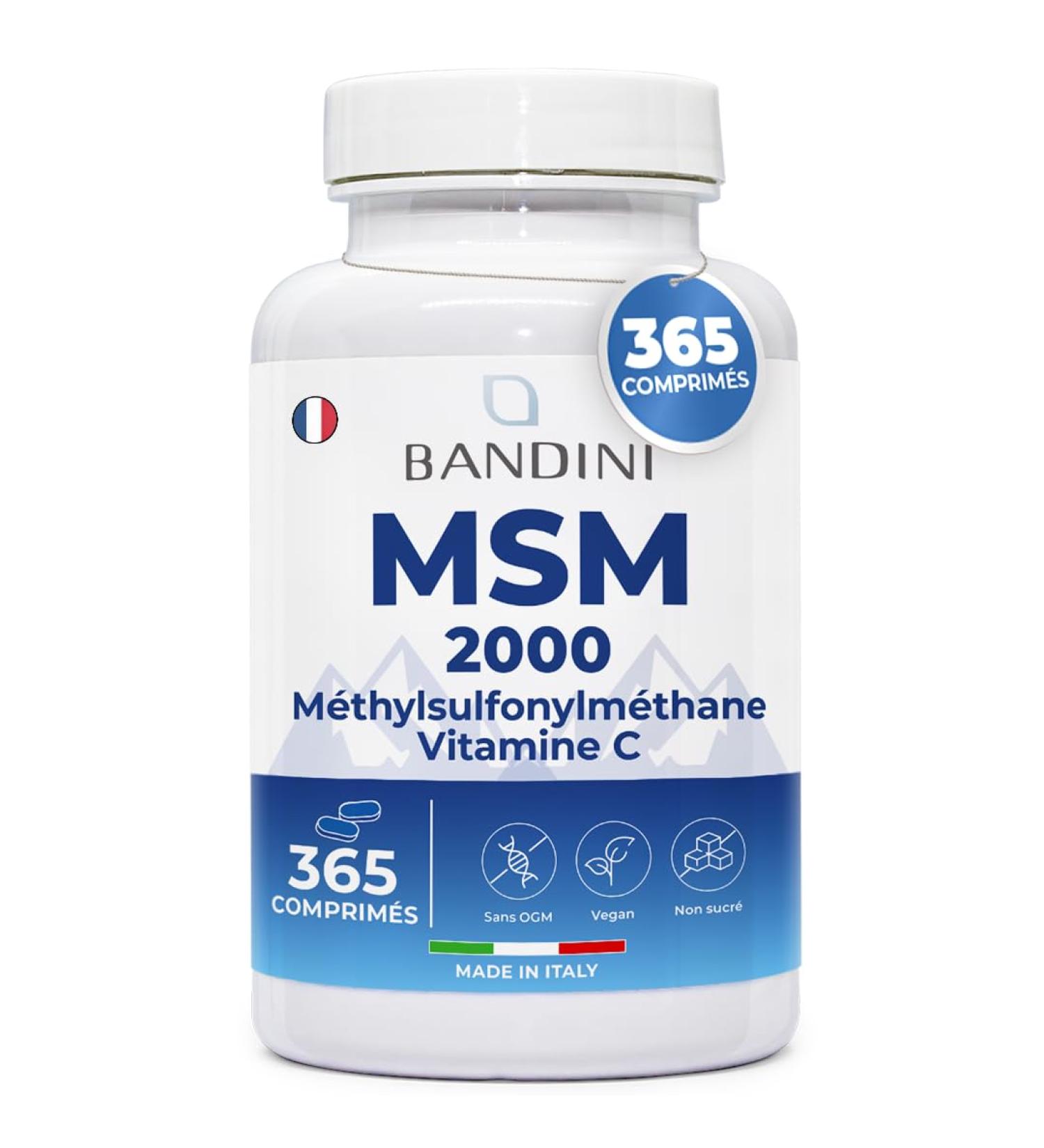 Bandini MSM 2000 mg + Vitamin C | 365 100% Vegan Methylsulfonylmethane Tablets | Complex for Bones Joints Hair Skin & Immune System | Sulfur Natural Food Supplement - Buy Online on GoSupps.com