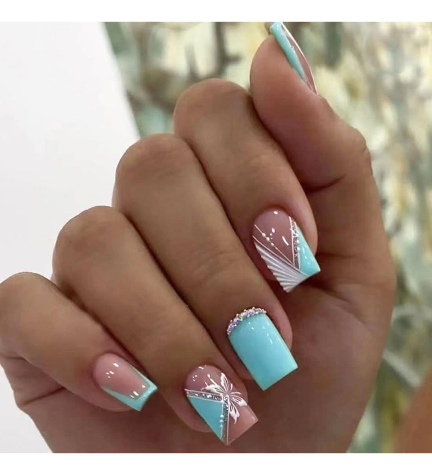 24 PCS Square Pink, White, and Blue Press on Nails with Rhinestone Accents - Medium False Nails for Women - Artificial Acrylic Full Cover Nail Tips - Glossy Finish Stick on Nails - Buy Online on GoSupps.com
