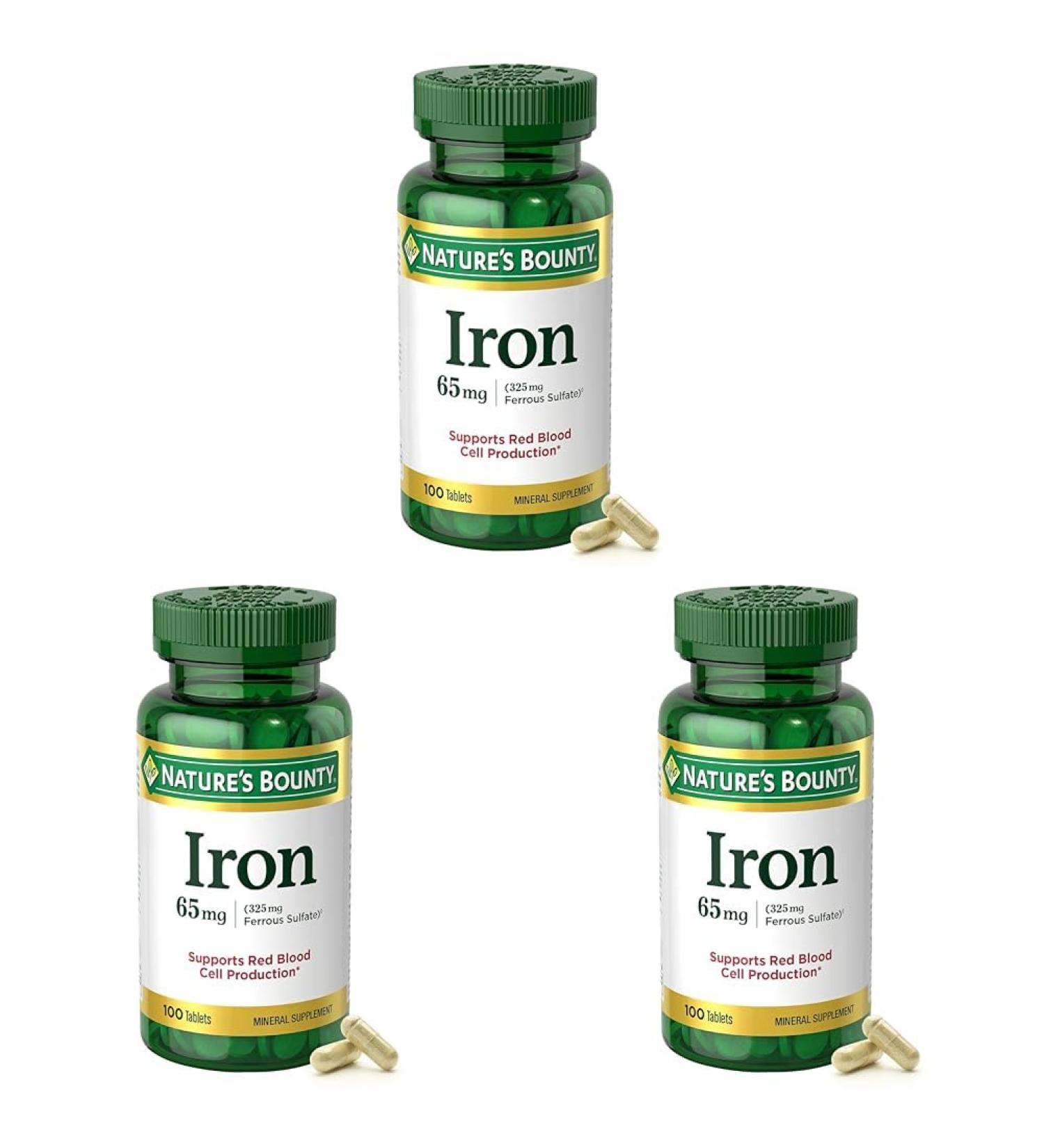 Nature s Bounty Iron 65mg 325 mg Ferrous Sulfate Cellular Energy Support Promotes Normal Red Blood Cell Production 1 Serving Per Day Gluten Free 100 Vegetarian Tablets (Pack of 3) - Buy Online on GoSupps.com