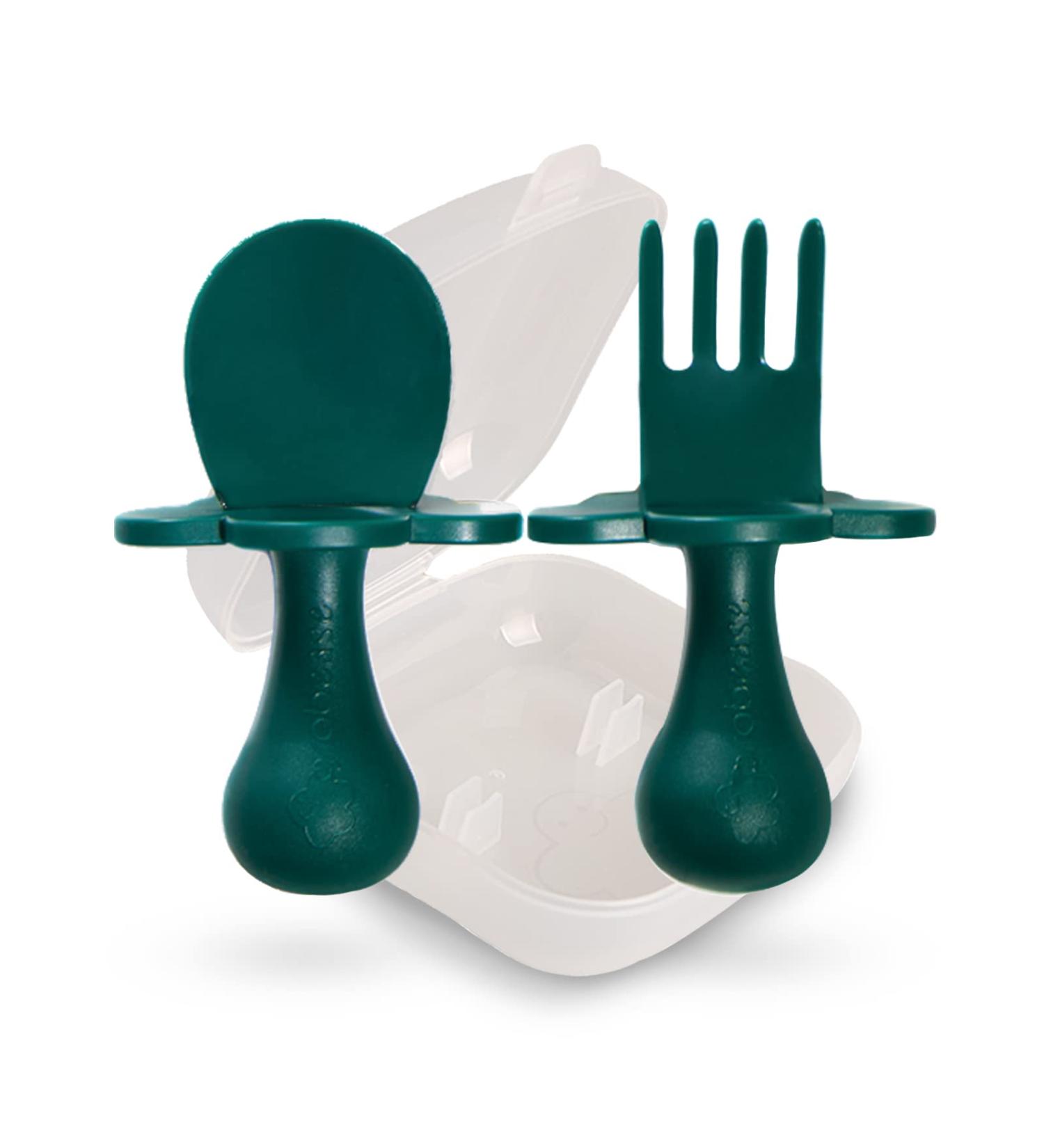 Grabease Baby Self-Feeding Utensils Spoon and Fork Set in Forest Green | Non-Toxic | Prevent Choking | Baby-Led Weaning - Buy Online on GoSupps.com