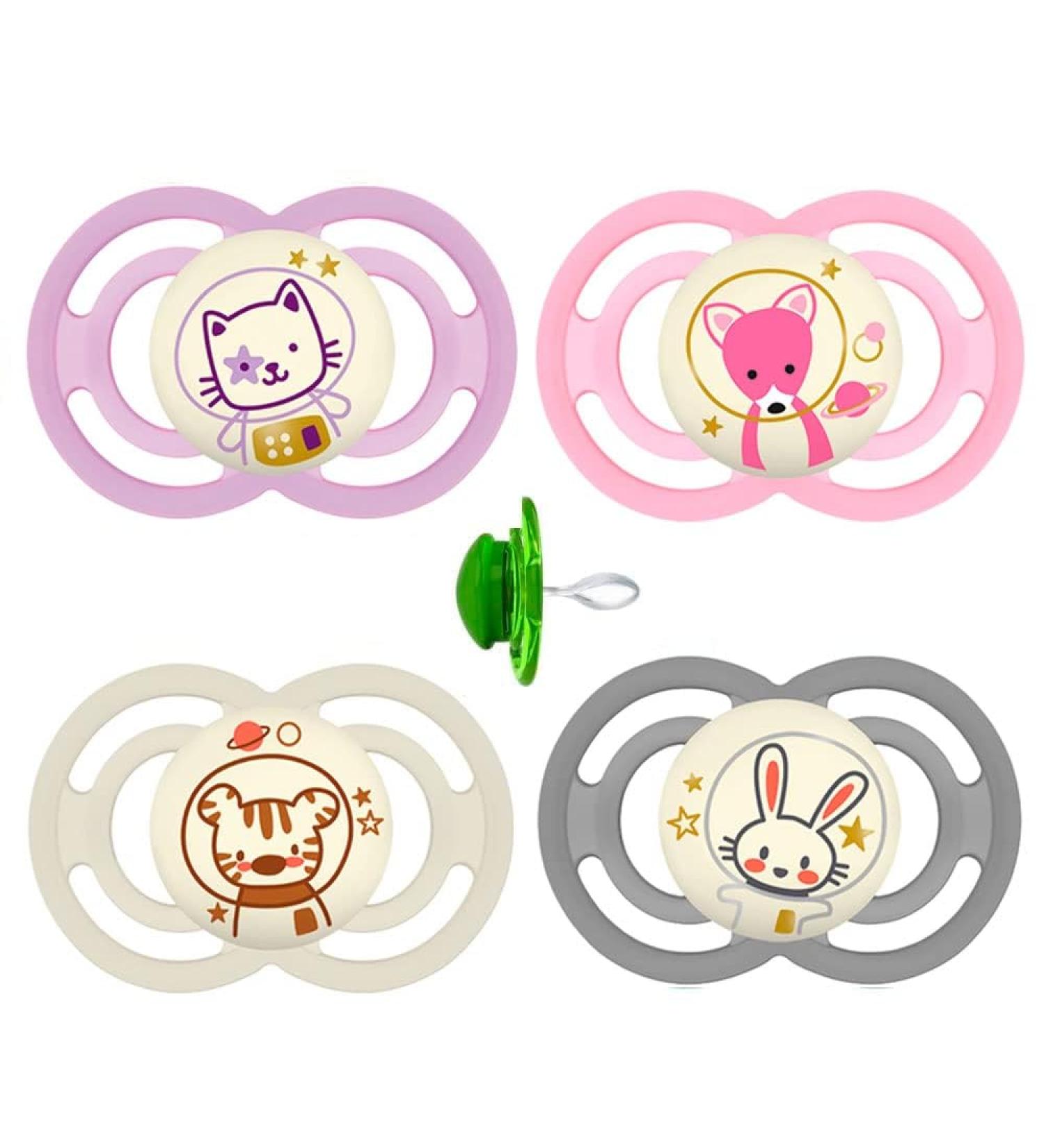 MAM Perfect Night Skin Soft Silicone Pacifier Set - Bright 6-16 Months 4 Pack with Fairy Tale Friends & 2 Sterilizer Transport Boxes - International Shipping Available - Buy Online on GoSupps.com