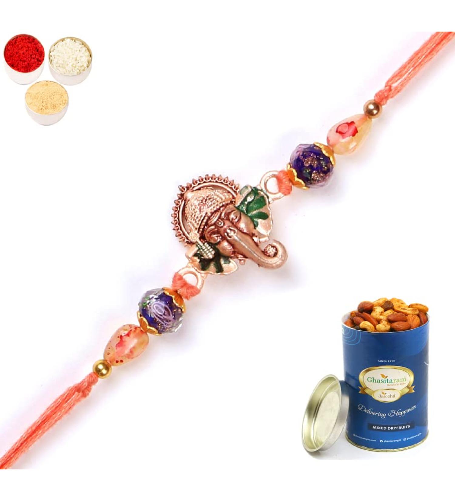 Ghasitaram Gifts Rakhi for Brother Rakhis Online - L-1 Ganesha Rakhis with 100 GMS of Dryfruits Mix Can Rakhi with 100 gms of Dryfruits Mix Can - Buy Online on GoSupps.com