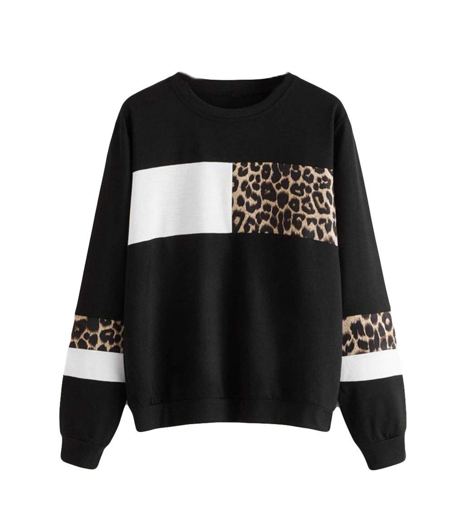 Bigfanshu Women's Dresses Leopard Print O-Neck Blouse Tops Cotton Long Sleeve Sweatshirt Black - Buy Online on GoSupps.com