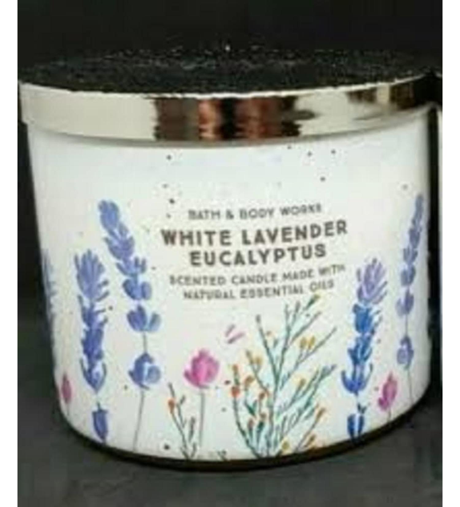 Bath and Body Works White Lavender Eucalyptus Candle 14.5 Ounce 3 Wick White Label with Purple Pink and Orange Flowers