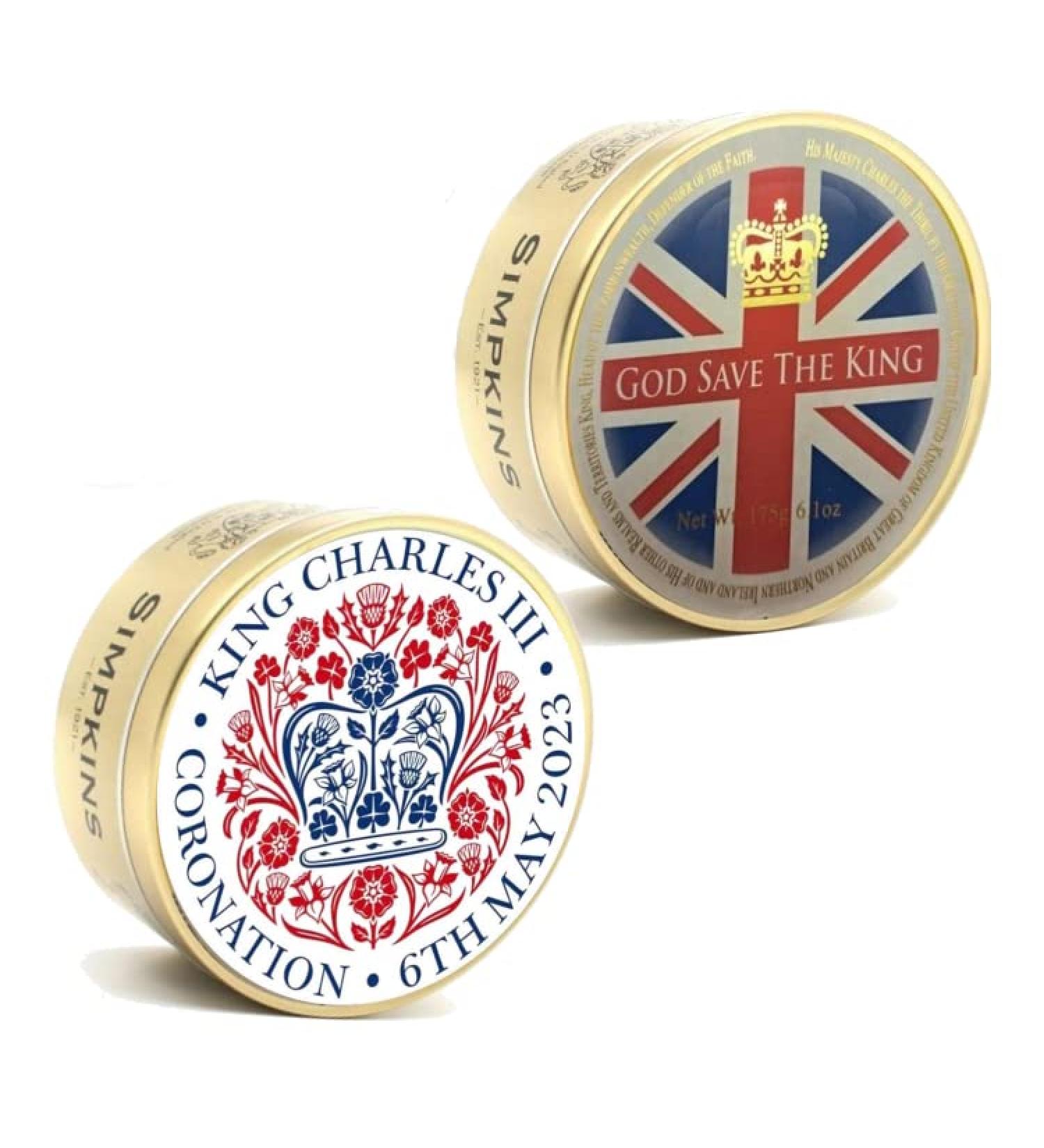 Simpkins King Charles III Coronation Mixed Fruit Tins 175g | Pack of 6 (King Charles III Coronation & God Save The King) Mixed Coronation Designs