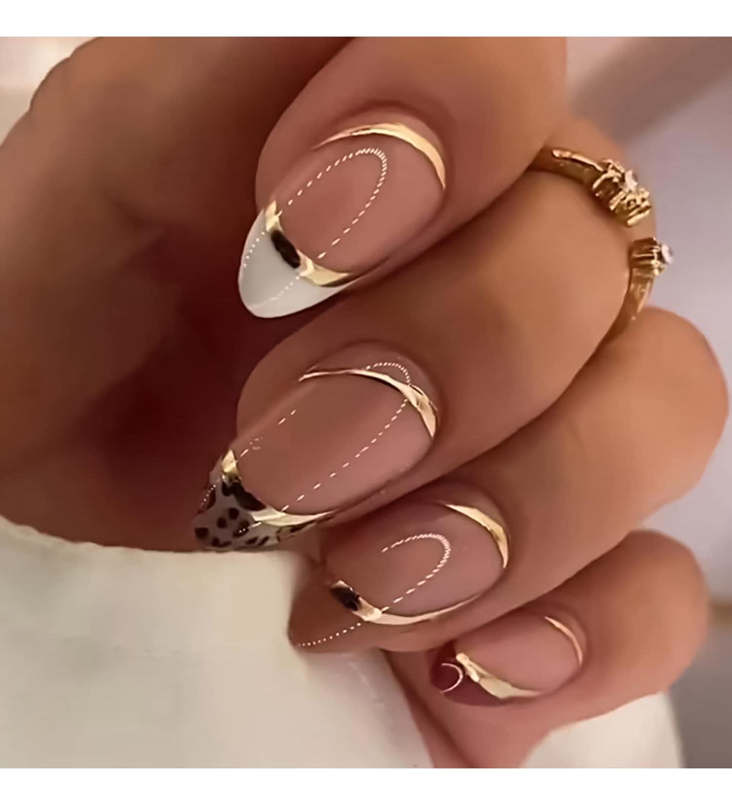 Almond French Tip Fake Nails with Gold Foil Leopard Designs - Glossy Acrylic False Nails for Women - DIY Brown Gold White - Glue On - Buy Online on GoSupps.com