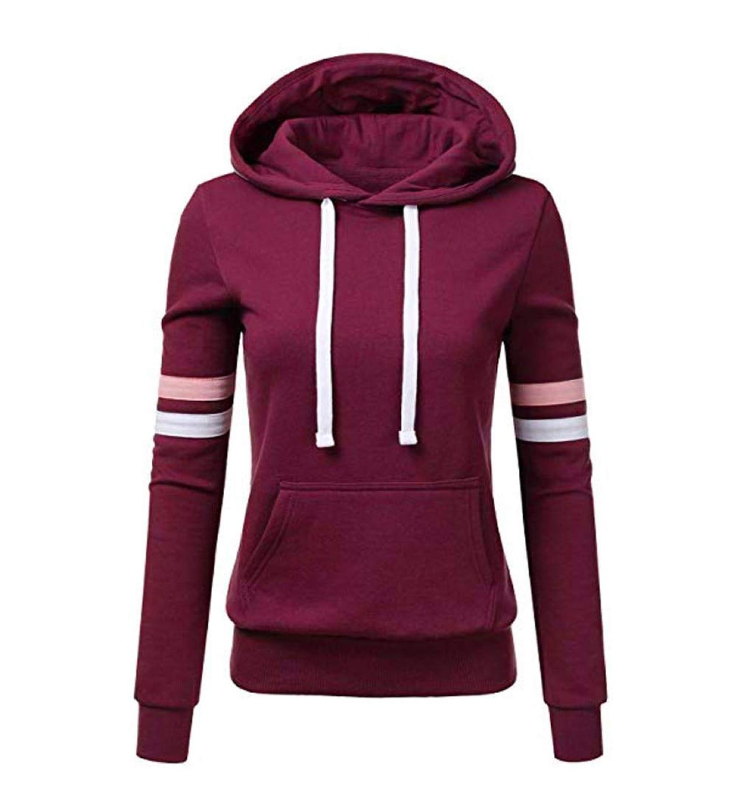 Bigfanshu Womens Hoodie Sweatshirts Ladies Hoodies Stripe Long Sleeve Blouse Hooded Pocket Pullover Tops Shirt Wine Red